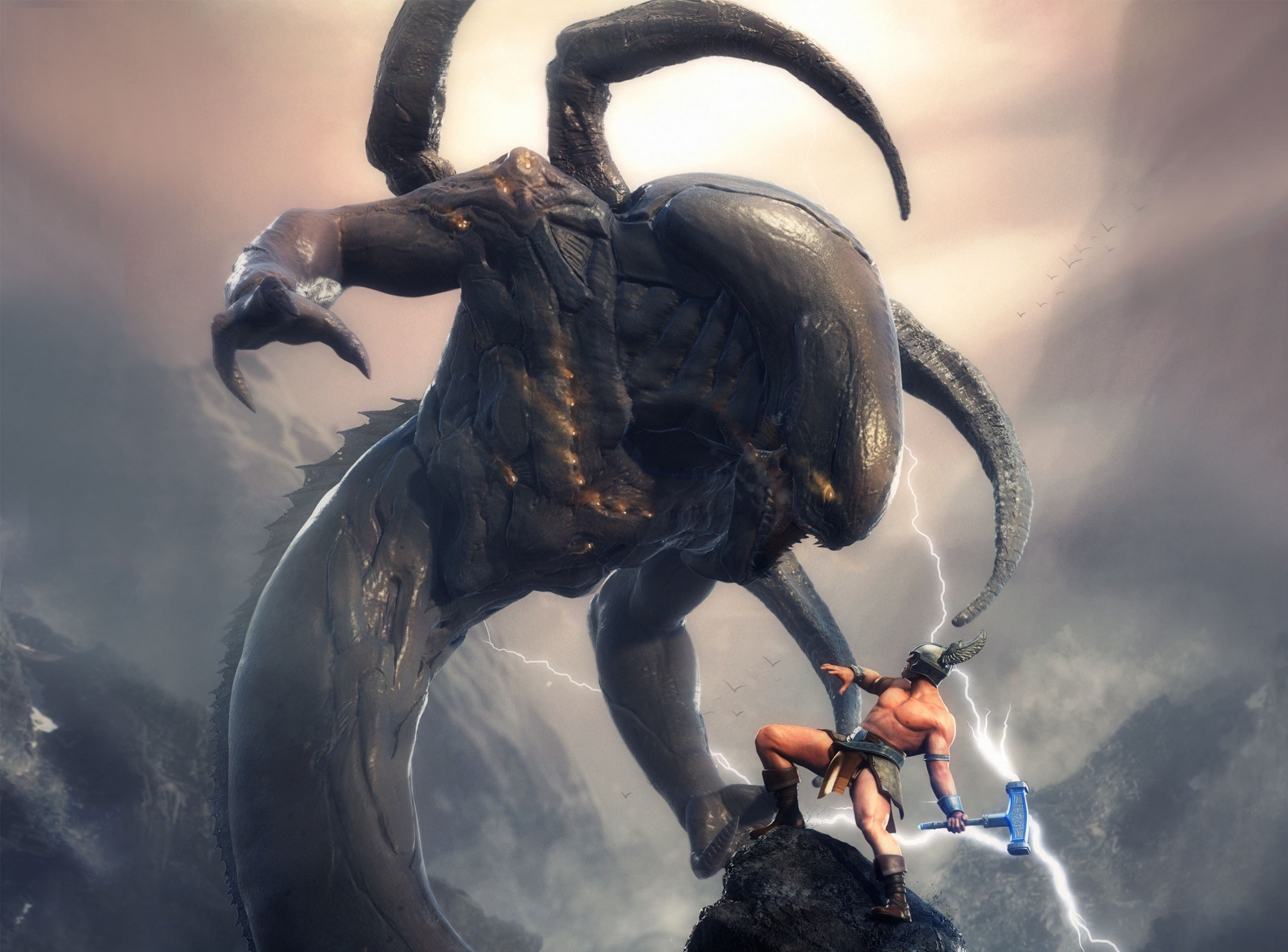 creativity, sculpture, digital, metal, 3D, Artistic, close-up, motion, Thor, representation, vs, monster, 2K, holding, sea, day, Aliens, character, male, HD Wallpaper