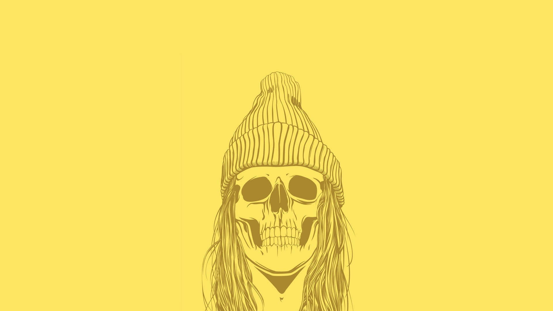 creativity, fear, skull, illustration, spooky, minimalism, 1080P, yellow background, horror, copy space, bone, colored background, hat, indoors, human skeleton, HD Wallpaper