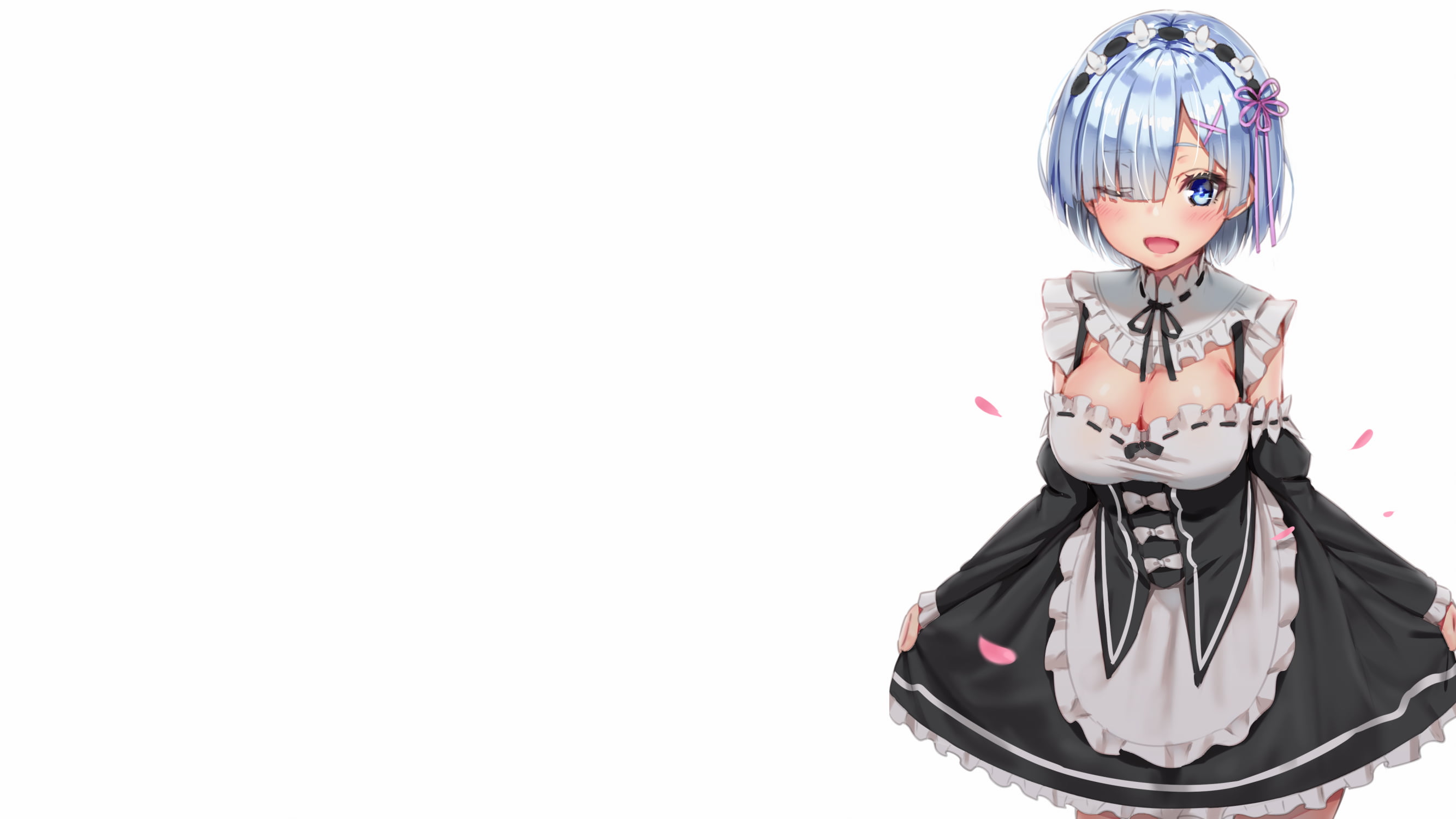 anime, blue hair, fan art, blushing, cleavage, blue eyes, 2D, anime girls, Rem (Re: Zero), digital art, white background, illustration, bangs, artwork, HD Wallpaper