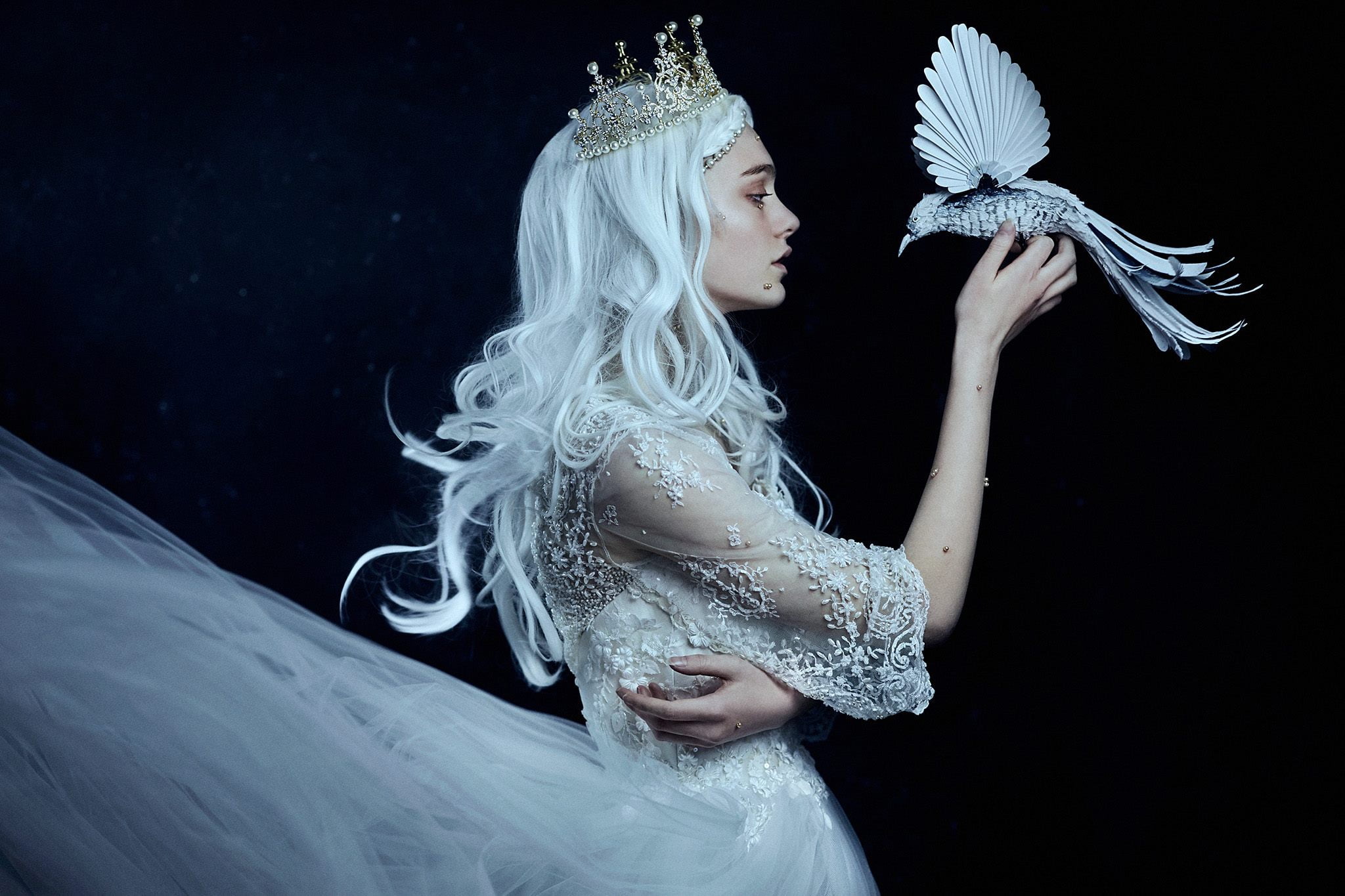 1080P, crown, style, hands, Bella Kotak, bird, girl, Princess, the dark background, blue hair, mood, dress, HD Wallpaper