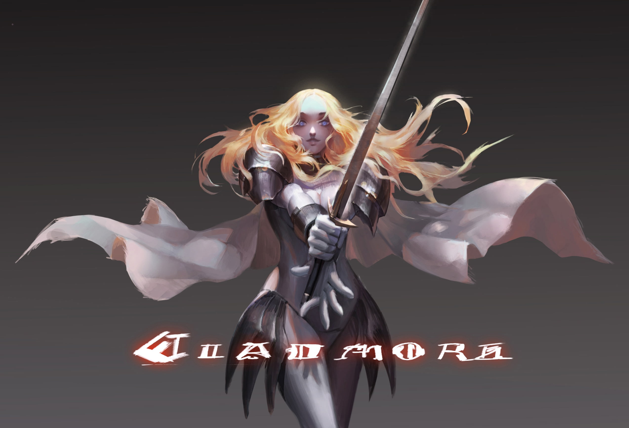 shoulders, 1080P, art, cloak, grey background, blue eyes, sword, Pinuoxixi, Claymore, armor, red, Teresa, HD Wallpaper