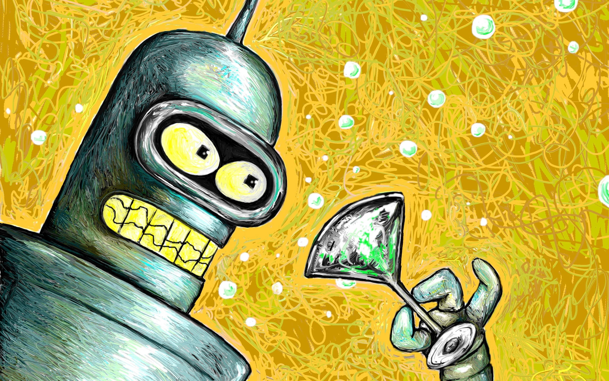 drawing, 2K, robot, futurama, glass, pattern, illustration, vector, backgrounds, wine, shiny, gray, yellow, bender, holding, computer Graphic, painting, HD Wallpaper