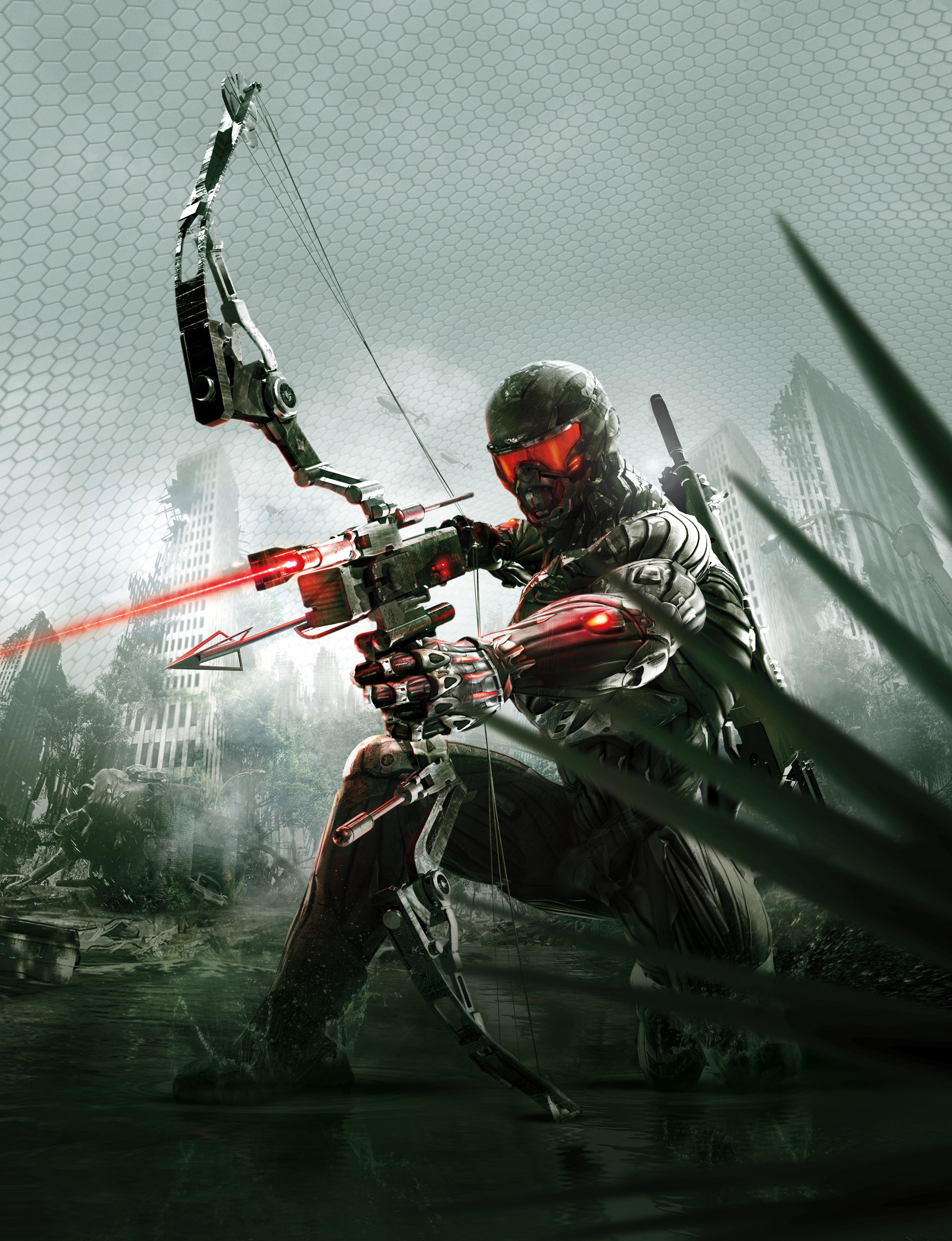 Crysis 3, Predator Bow, game, black, red, poster, 4K, Phone HD Wallpaper