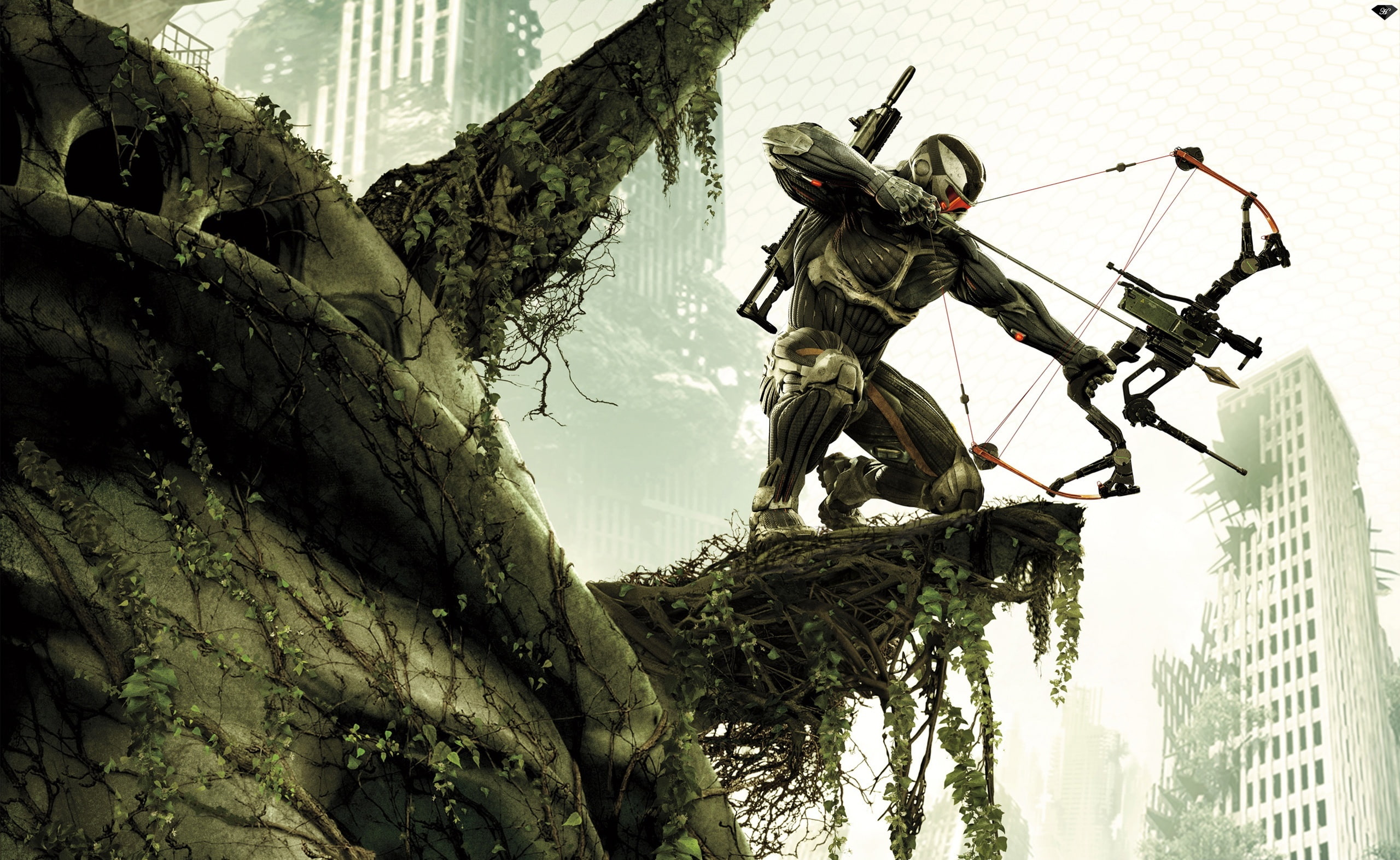 tree trunk, statue, character, video, built structure, sky, architecture, day, art and craft, bow, illustration, building exterior, crysis 3, male likeness, HD Wallpaper