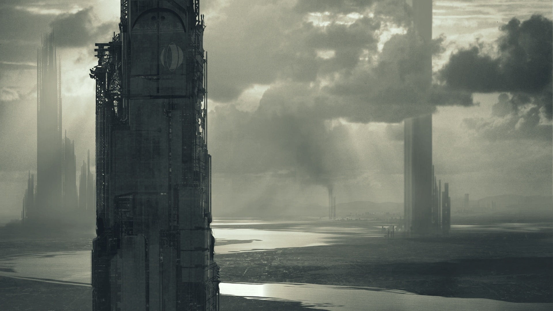 single, outdoors, day, fog, storm, architectural column, 1080P, black, door, Half-Life, no people, sea, environment, video games, white, sky, reflection, HD Wallpaper