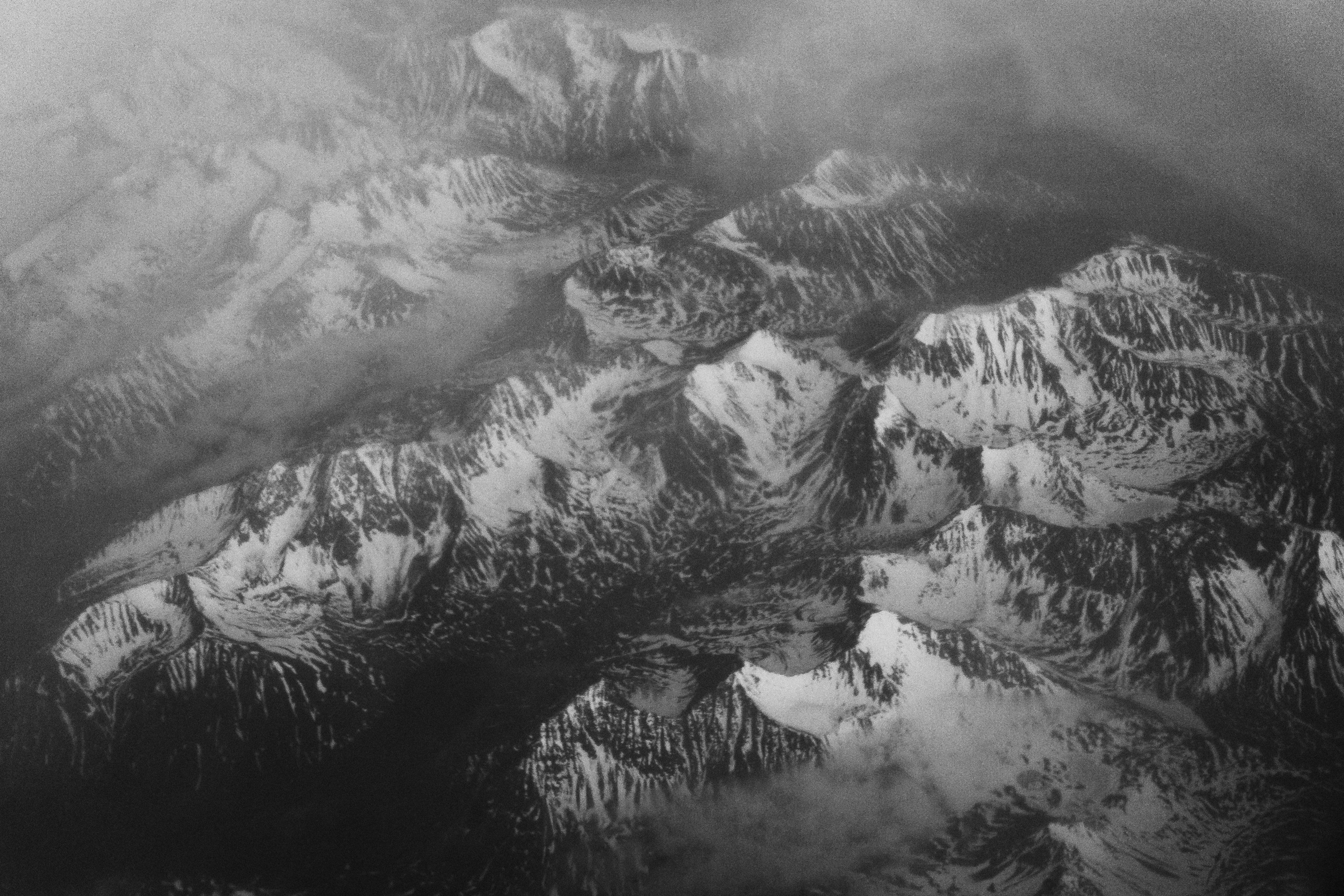 alaska, land, mountain, cloud, day, black and white, 35mm, trees, ariel view, non-urban scene, nature, physical geography, outdoors, environment, eroded, HD Wallpaper