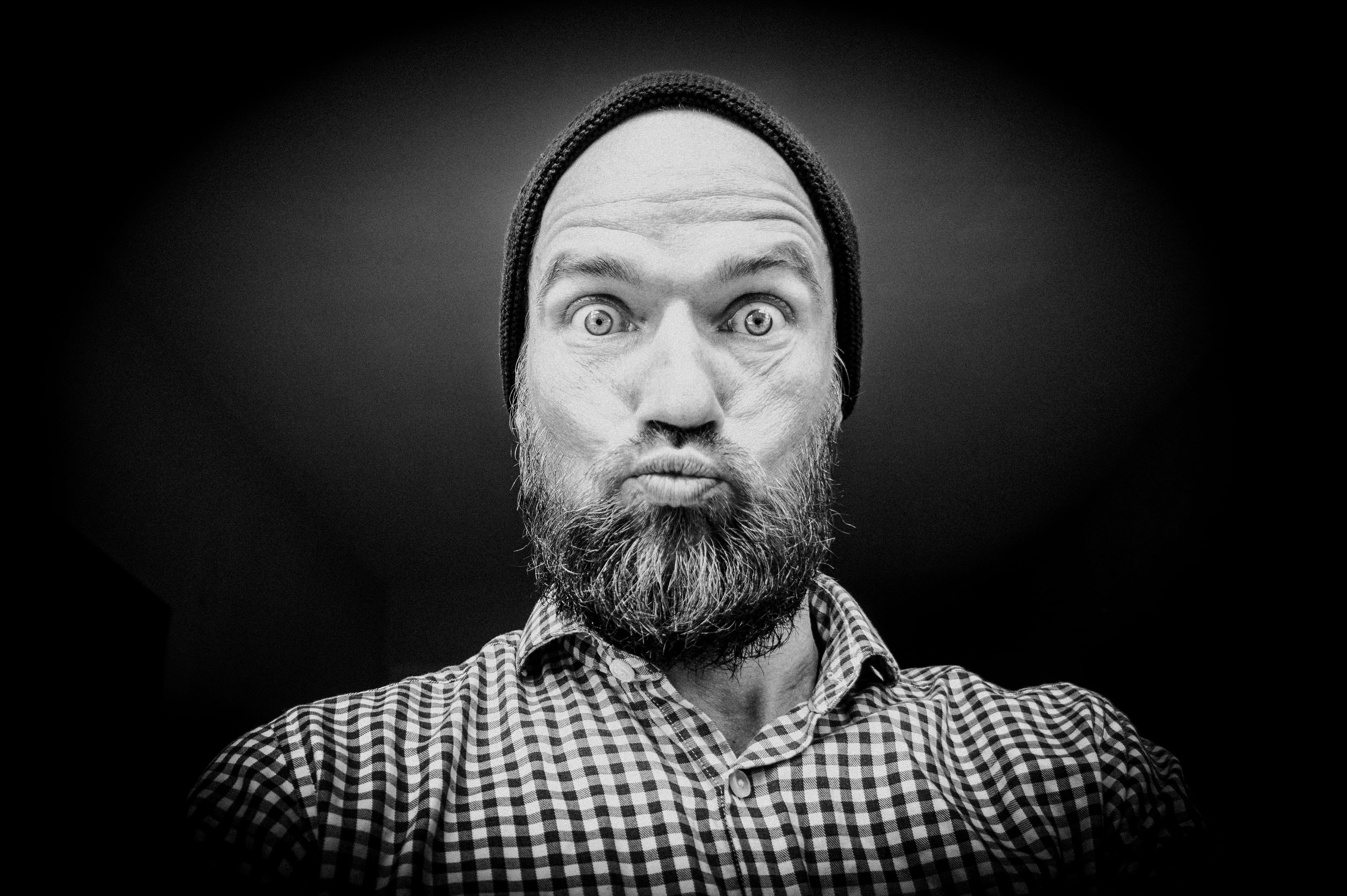 united states, profile, person, studio shot, beard, hat, real people, mustache, 4K, isolated, lifestyles, looking at camera, body part, facial hair, black and white, HD Wallpaper