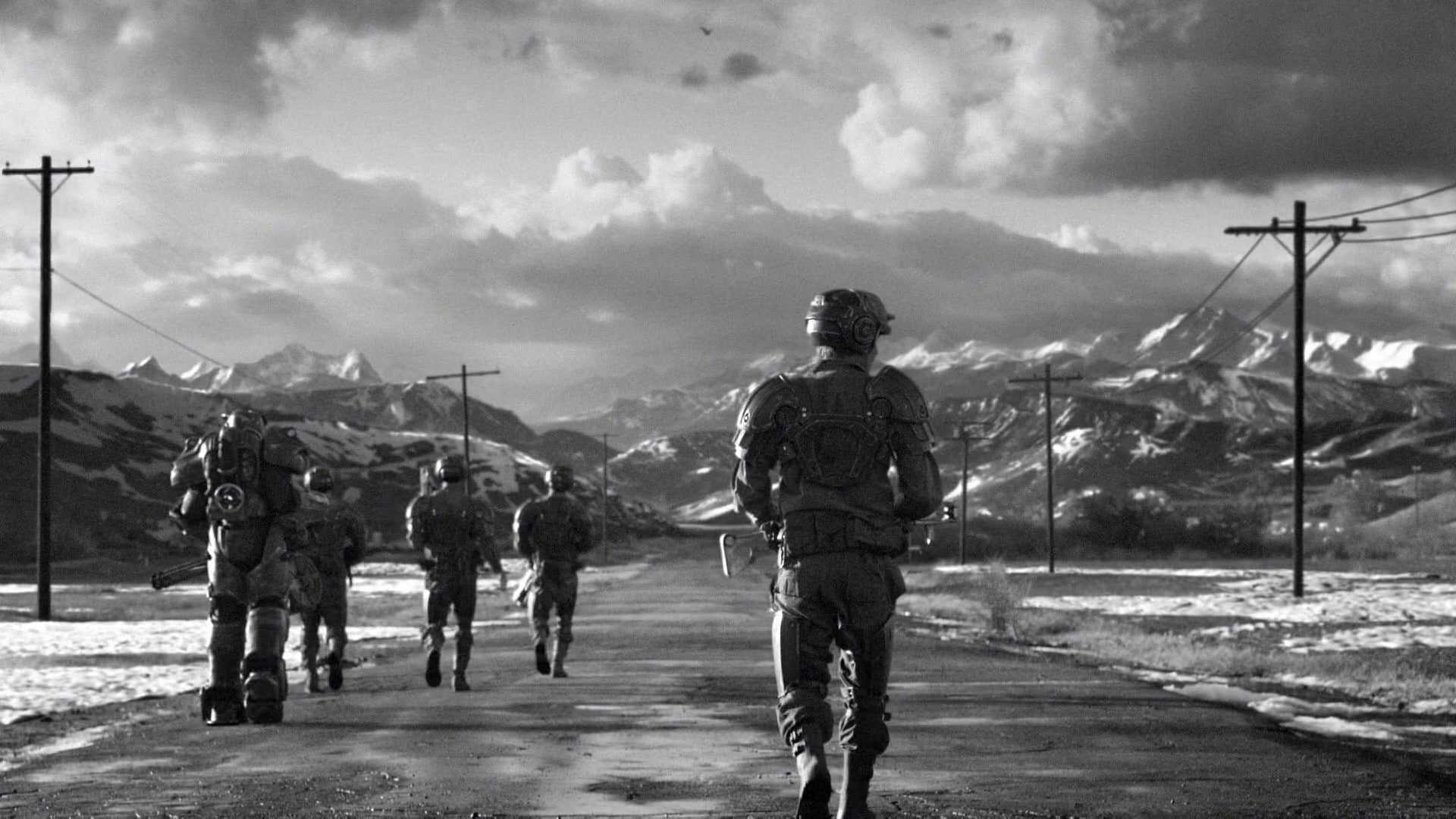 mammal, armed forces, nature, outdoors, street, 1080P, Fallout, government, rear view, Fallout 4, monochrome, day, transportation, full length, men, road, HD Wallpaper