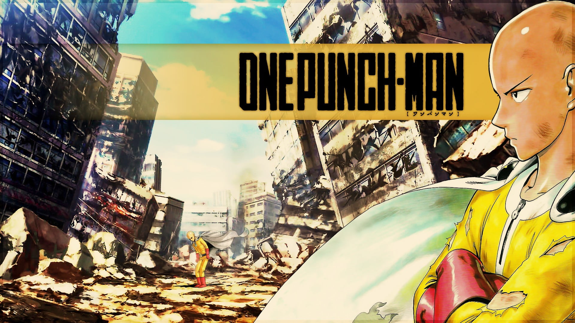 sky, city, people, architecture, building exterior, outdoors, sunlight, 1080P, sign, Saitama, men, day, yellow, cloud - sky, One-Punch Man, text, built structure, HD Wallpaper