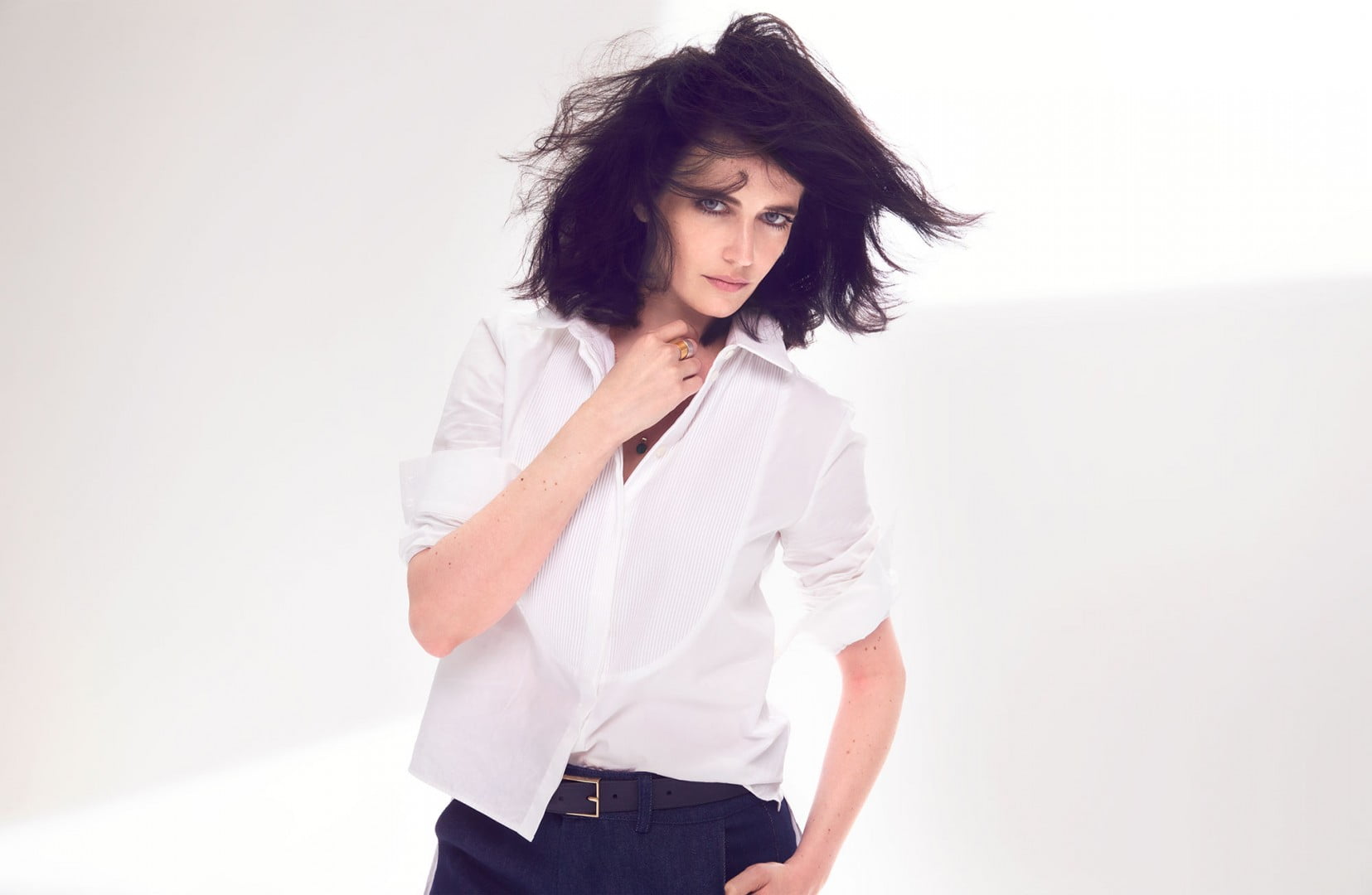 simple background, messy hair, women, actress, white blouse, Eva Green, 720P, looking at viewer, HD Wallpaper