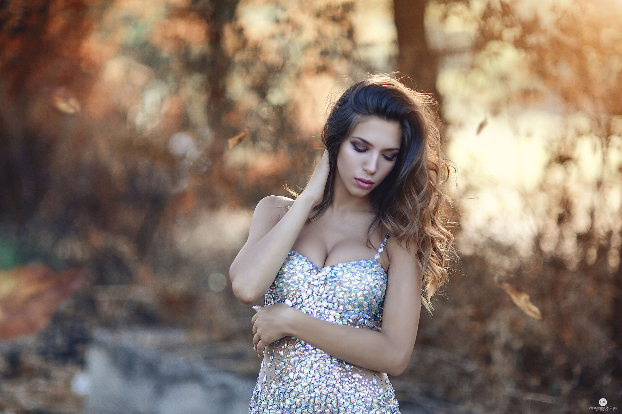 glitter, silver, cleavage, Alessandro Di Cicco, dress, brunette, women, long hair, fall, 1080P, messy hair, forest, hands in hair, HD Wallpaper