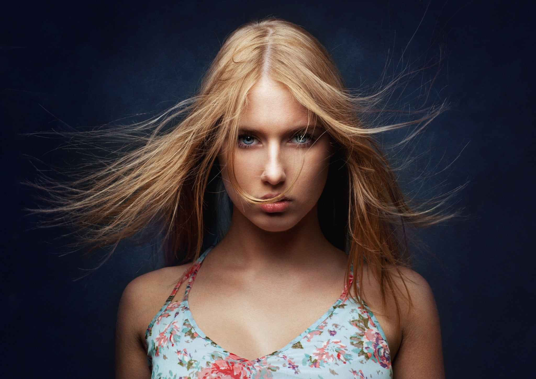 tousled hair, hair, Zachar Rise, young adult, young women, 1080P, floral pattern, hairstyle, indoors, women, contemplation, messy, human hair, portrait, HD Wallpaper