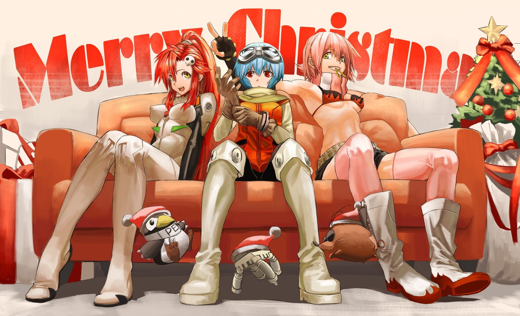 FLCL, Neon Genesis Evangelion, Haruhara Haruko, Gainax, Pen², Anime Girls, anime, Ayanami Rei, christmas, Tengen Toppa Gurren Lagann, Crossover, 1080P, HD Wallpaper