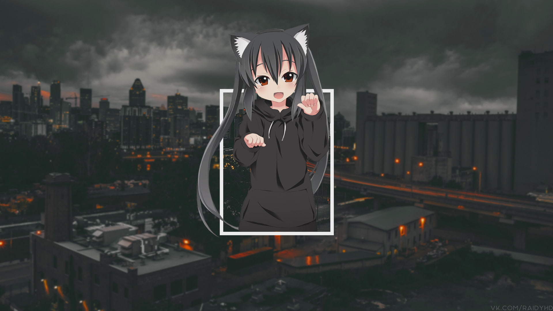 Nakano Azusa, built structure, lifestyles, building exterior, sky, beautiful woman, K-ON!, anime, city, cloud - sky, cityscape, 1080P, standing, anime girls, HD Wallpaper