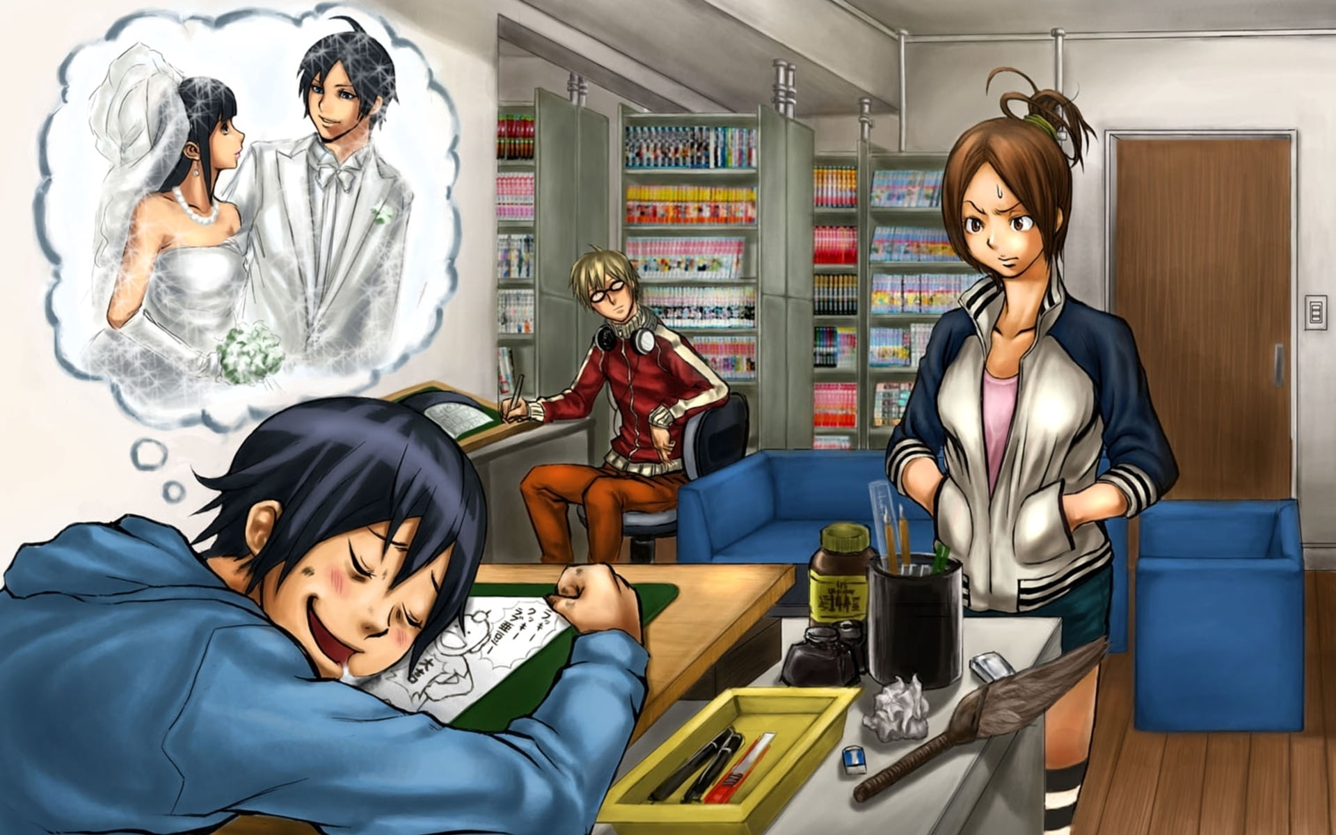 character, anime, group of people, females, women, bride, real people, haired, sitting, indoors, akito takagi, boys, 1080P, young Adult, groom, bakuman, HD Wallpaper