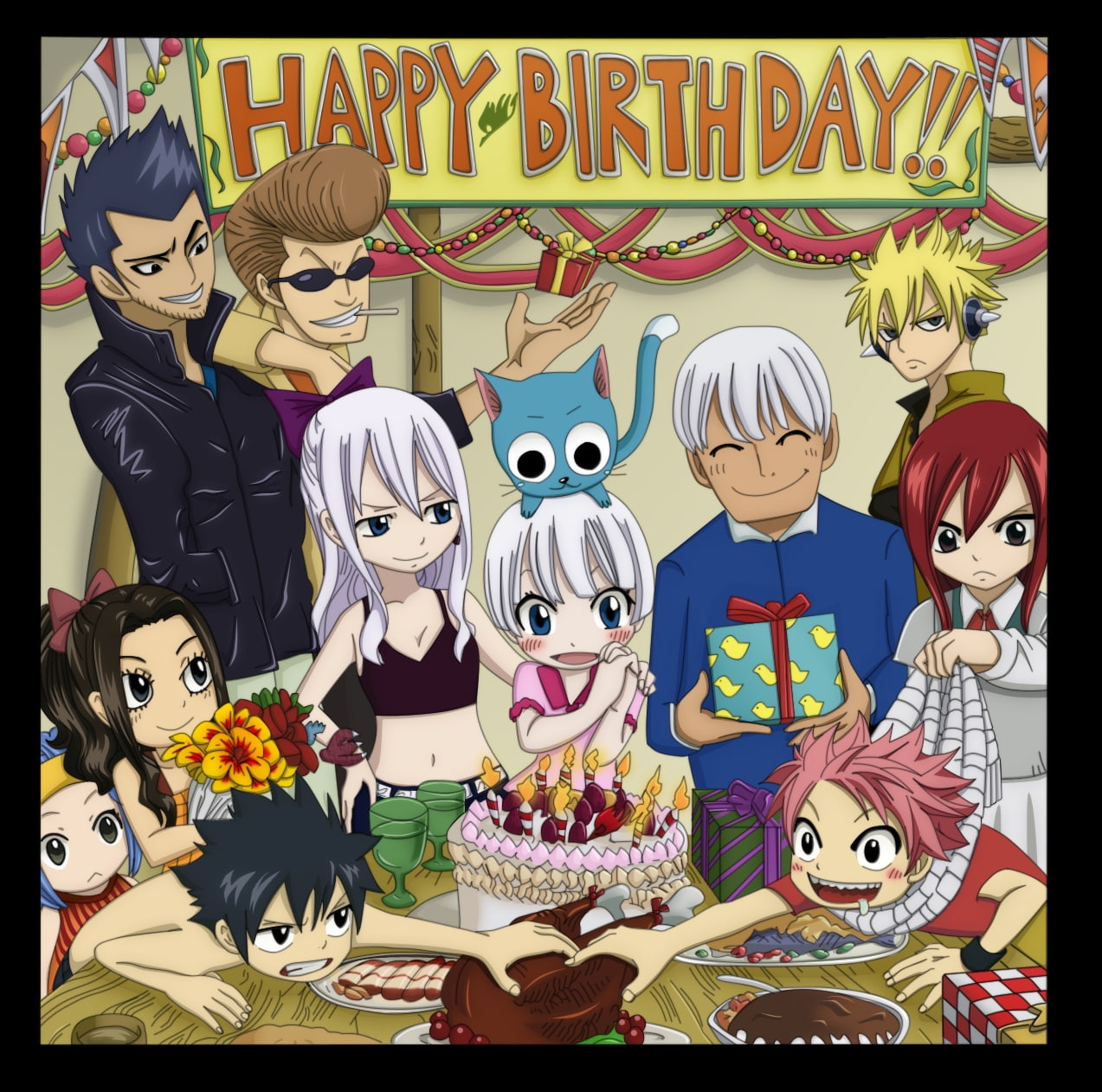 natsu, 480P, gifts, happy, erza, gray, anime, tail, fullbuster, dragneel, fairy, hd, manga, birthday, scarlet, art, HD Wallpaper