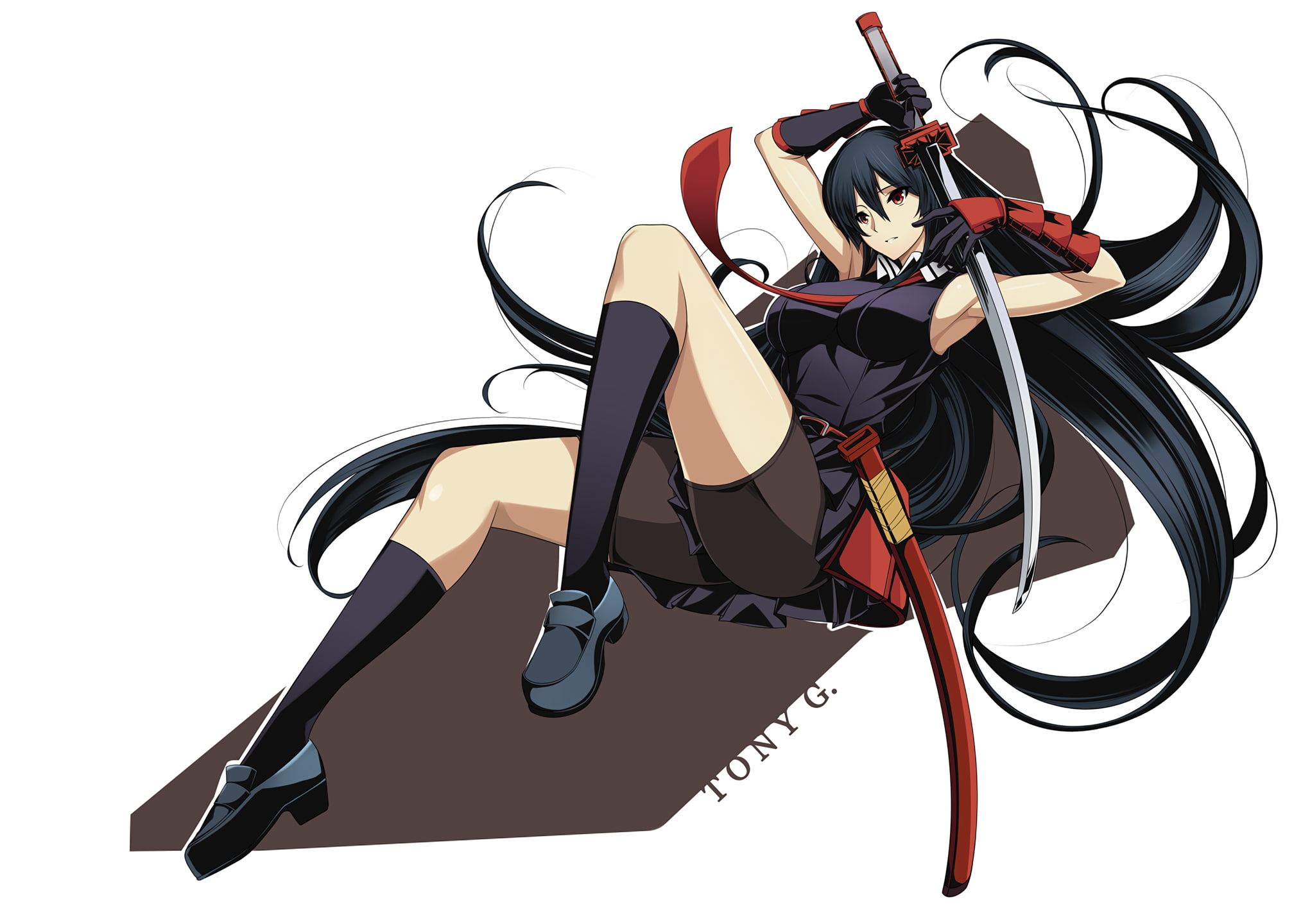 cable, anime girls, katana, dark hair, black color, cut out, white background, anime, still life, studio shot, chair, equipment, 1080P, shadow, close-up, HD Wallpaper