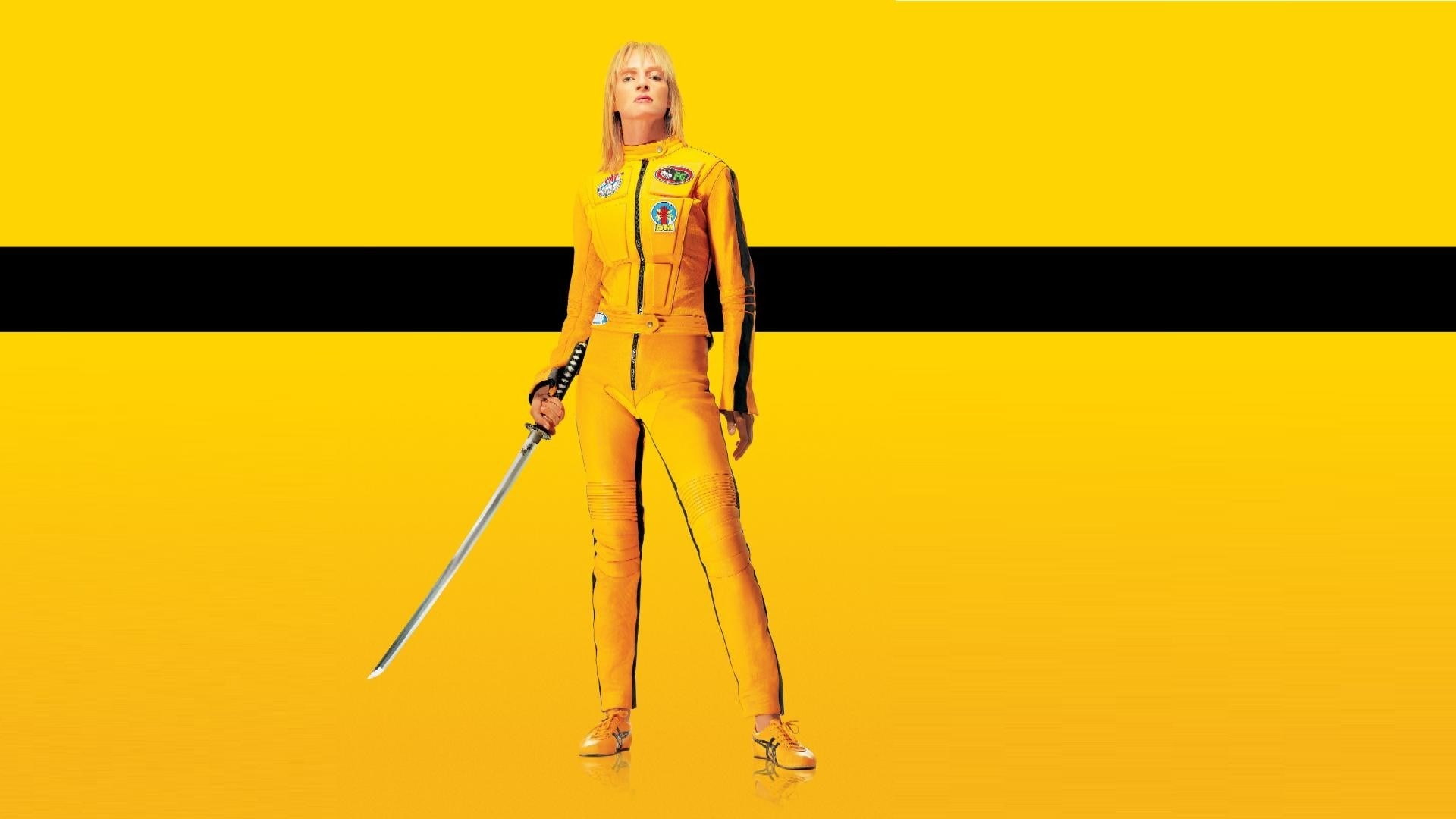 kill bill vol, adult, yellow background, women, yellow, colored background, indoors, hairstyle, beautiful woman, looking at camera, studio shot, holding, HD Wallpaper