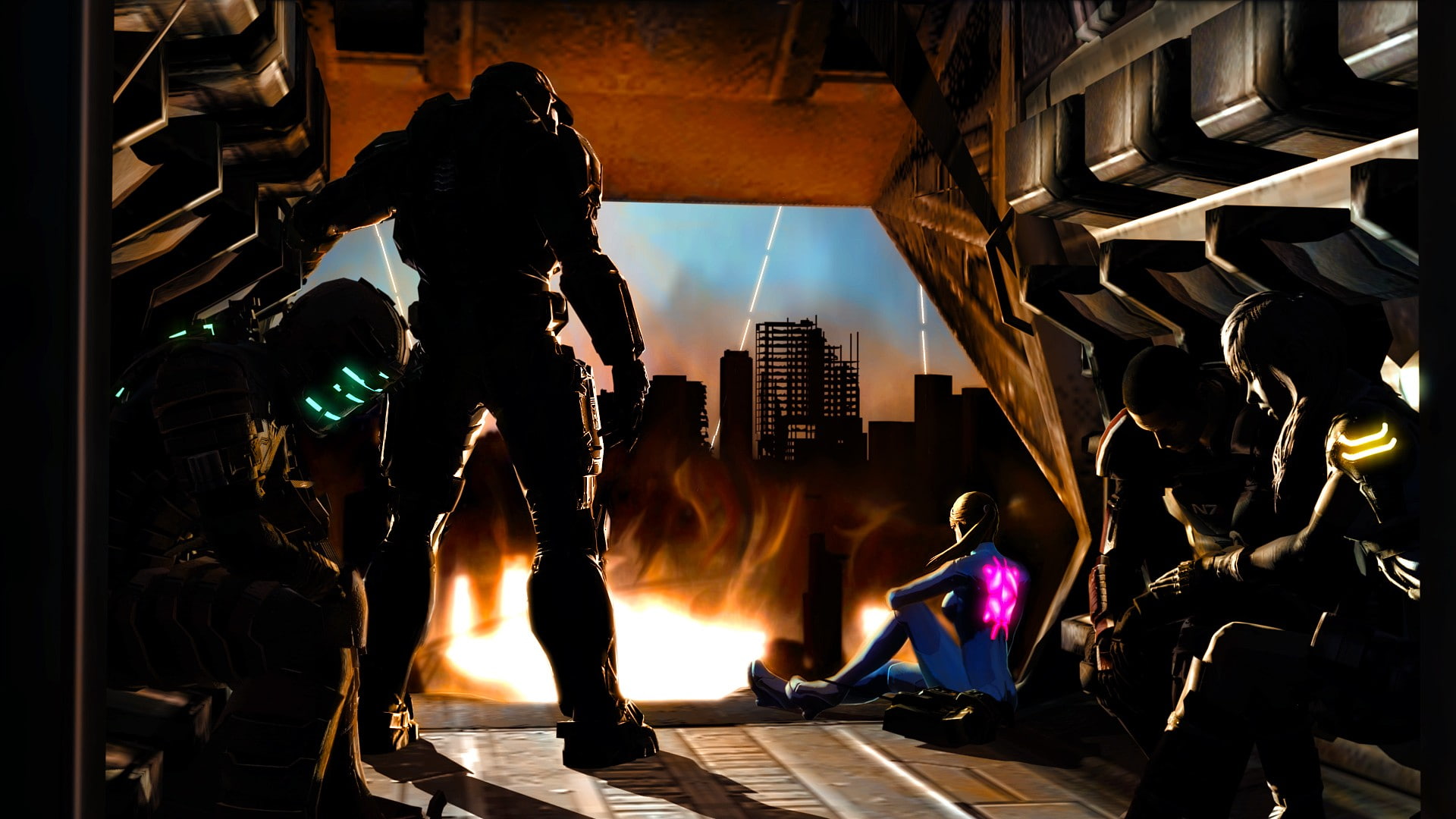 lightning, scared, 1080P, heroes, crossovers, samus, commander, master, aran, shepard, chief, clarke, isaac, HD Wallpaper