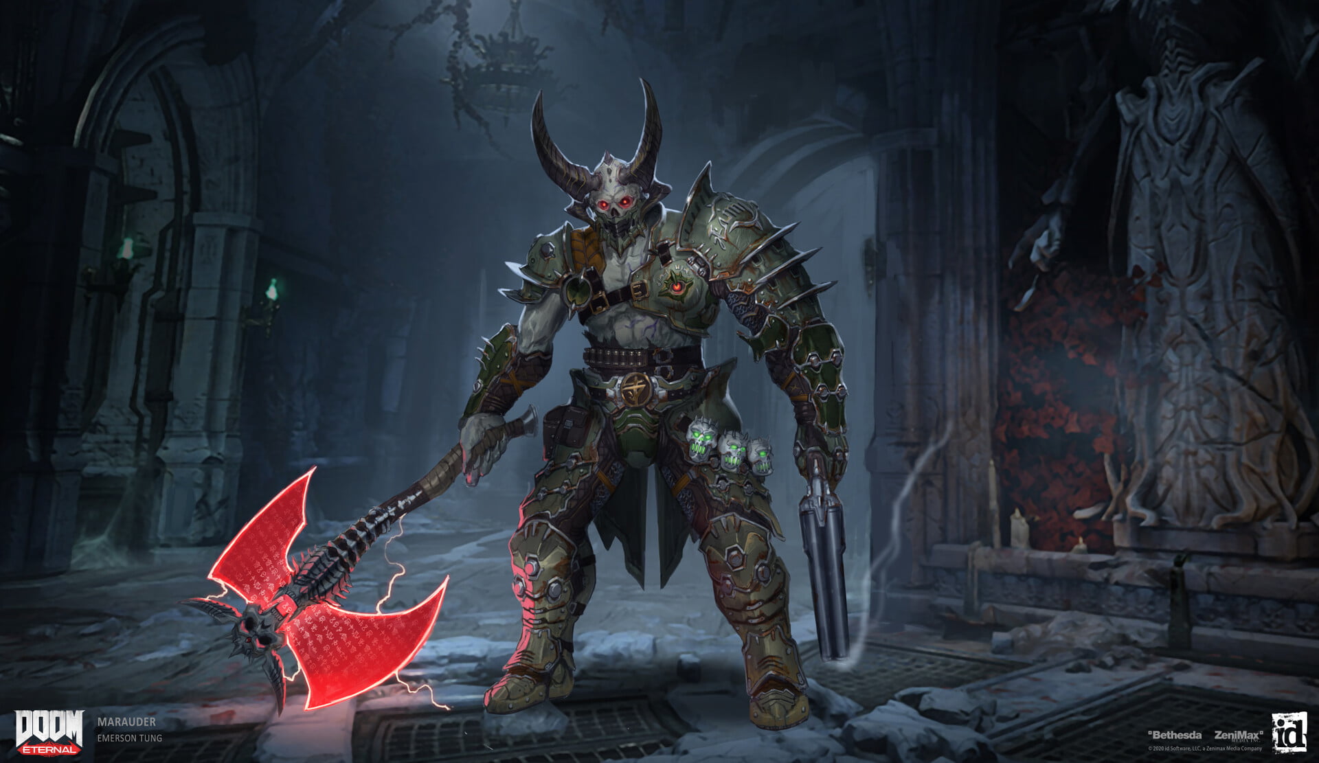 glowing eyes, 1080P, video game art, Emerson Tung, red eyes, Bethesda Softworks, weapon, zenimax, DOOM Eternal, axes, video games, HD Wallpaper