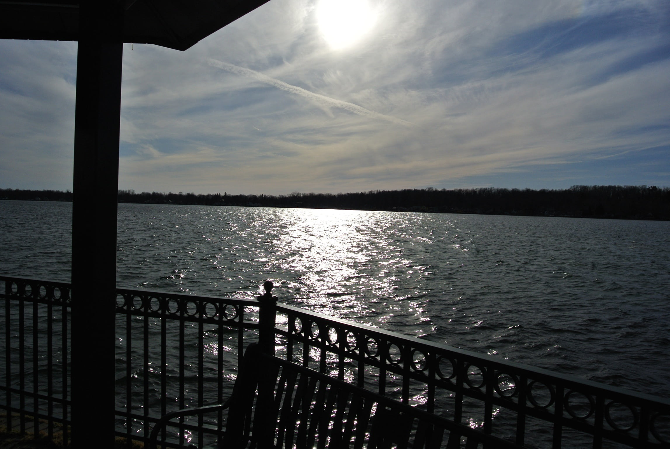 beauty in nature, railing, metal, balustrade, 1080P, tranquility, no people, sky, water, finger lakes, scenics - nature, lake, architecture, cayuga county, HD Wallpaper