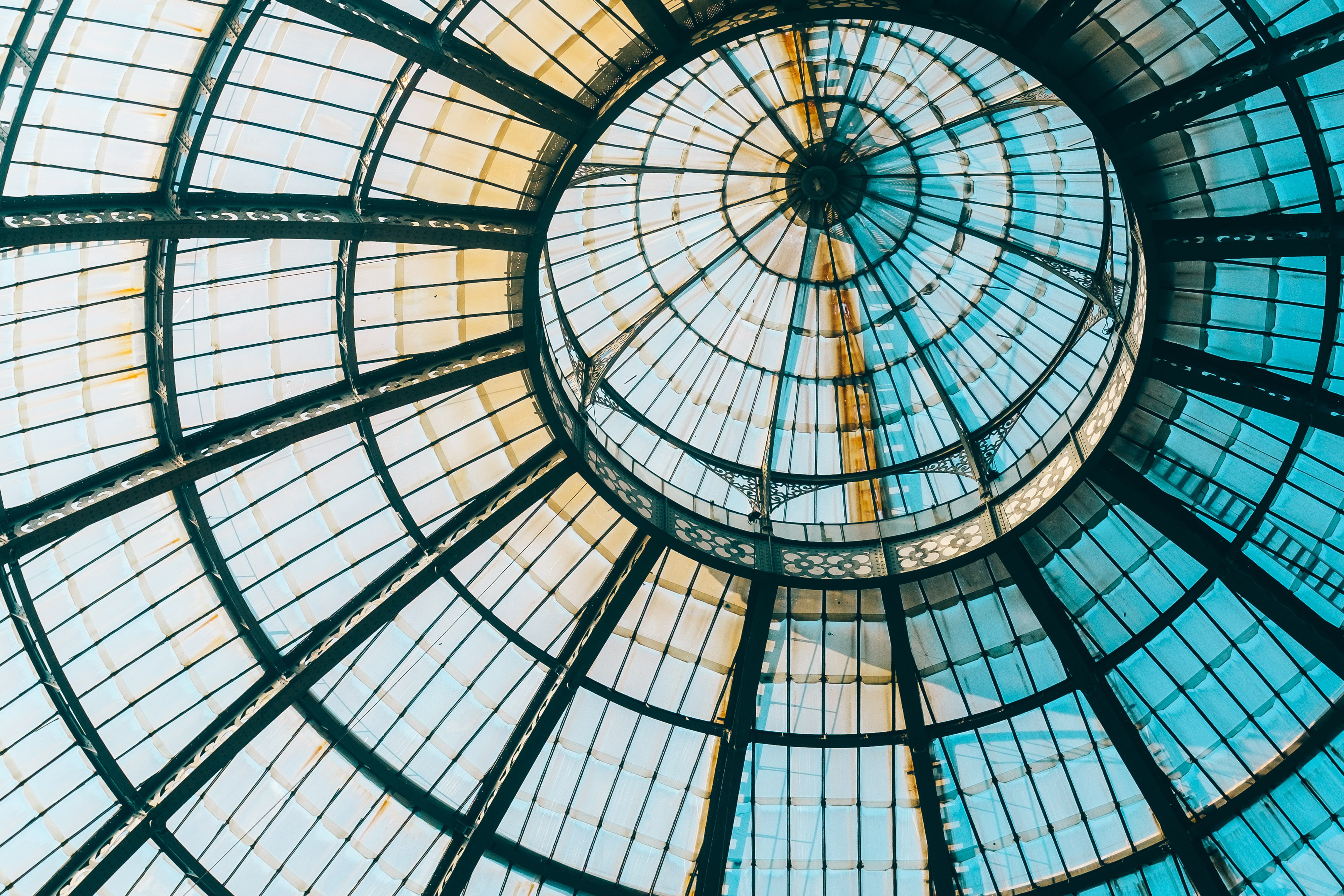 arcade, ornate, italy, glass, blue, tourism, milan, no people, concentric, geometric shape, roof, full frame, abstract, artistic, glass - material, round, HD Wallpaper