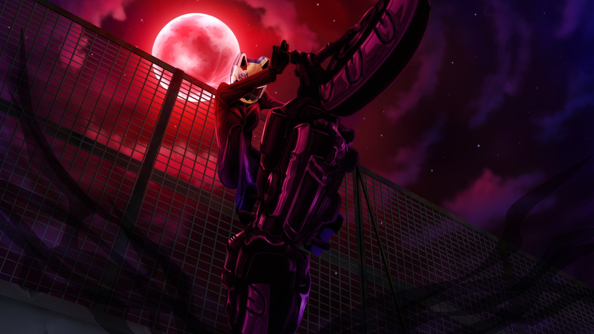 1080P, fence, Bicycle, purple, anime, cloud - sky, Moon, close-up, dusk, Anime Girls, Durarara!!, pink color, nightlife, boundary, event, Celty Sturluson, HD Wallpaper