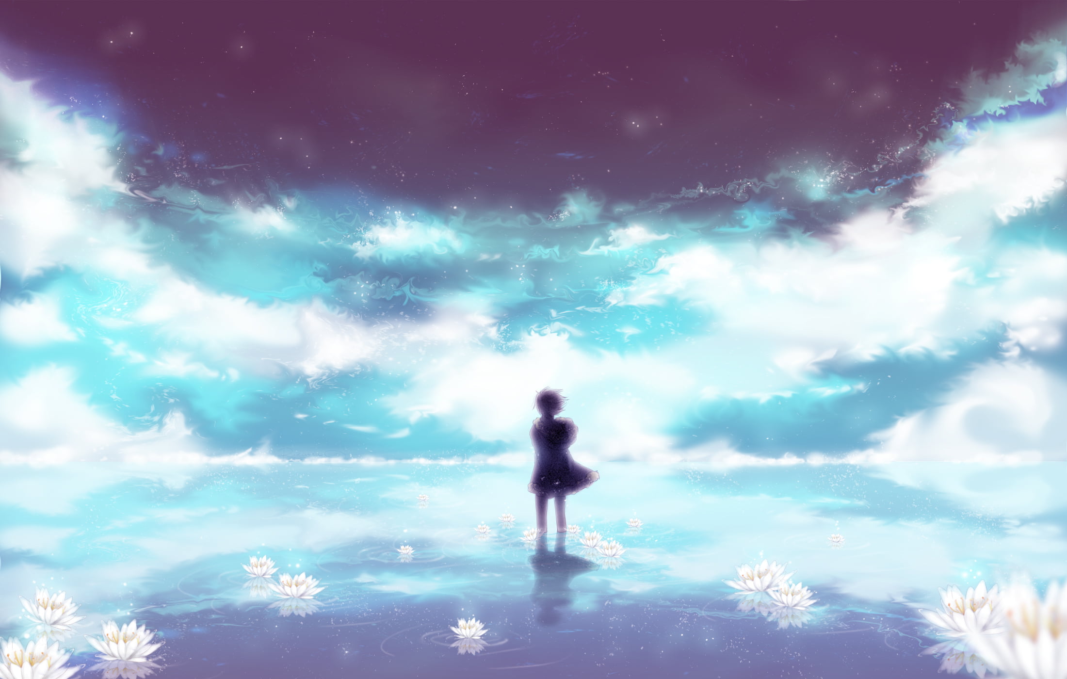 shadow, the wind, guy, blue, people, anime, stars, Lily, scenics - nature, women, backgrounds, 1080P, beauty In Nature, digital, rear view, water, star - Space, HD Wallpaper