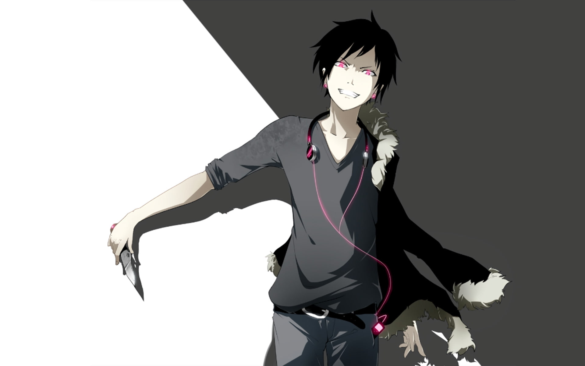 Anime, copy space, front view, holding, studio shot, young women, 1080P, Durarara!!, three quarter length, one person, Izaya Orihara, casual clothing, HD Wallpaper
