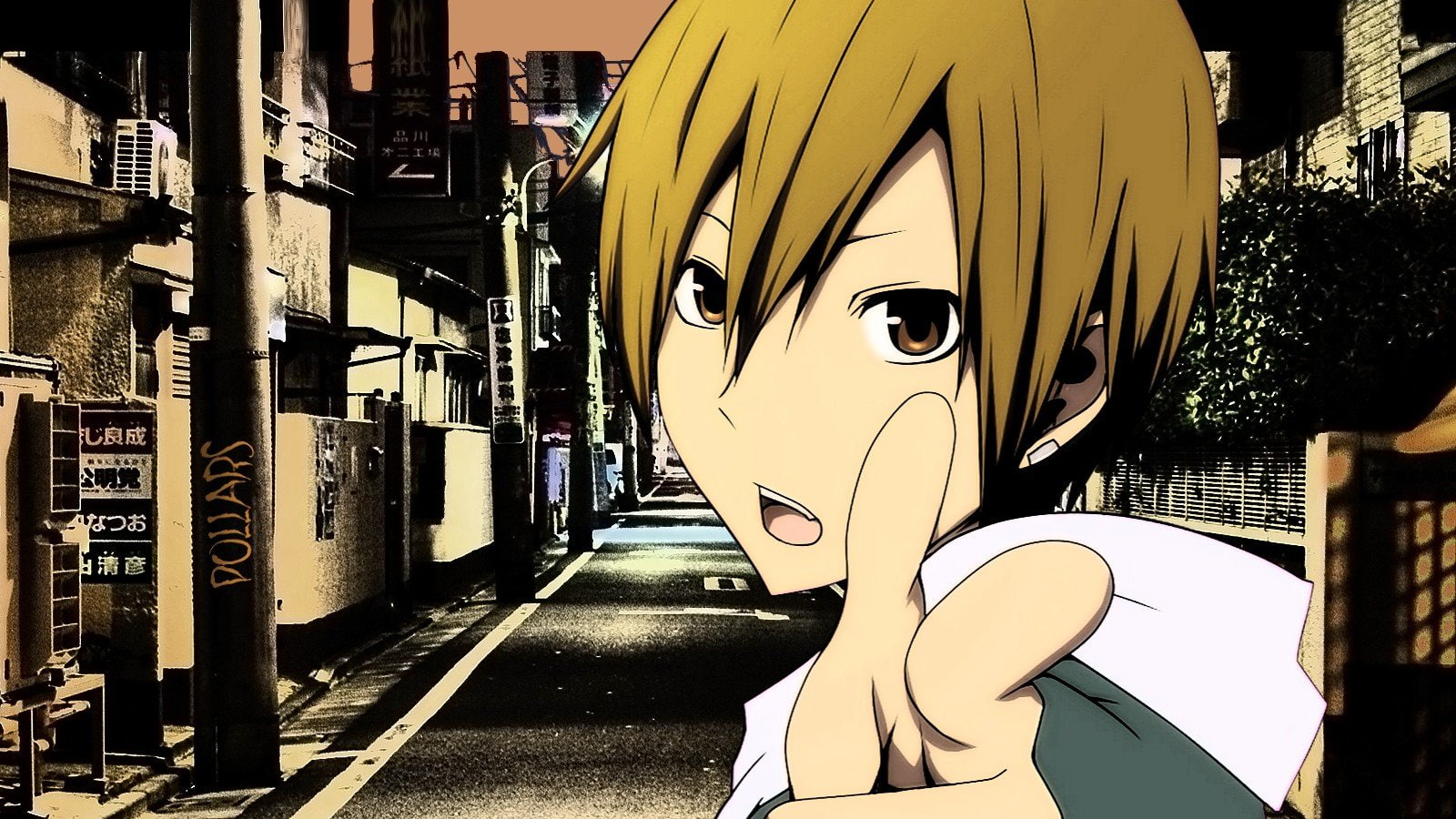 representation, Durarara!!, human representation, architectural column, art and craft, day, street, outdoors, yellow, no people, Kida Masaomi, city, creativity, HD Wallpaper