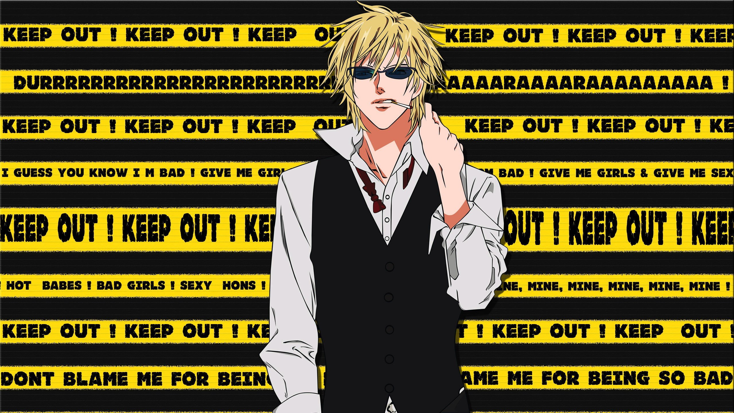 2K, portrait, anime, Heiwajima Shizuo, Police Tape, western script, indoors, one person, Anime Boys, women, yellow, hairstyle, fashion, glasses, young adult, HD Wallpaper
