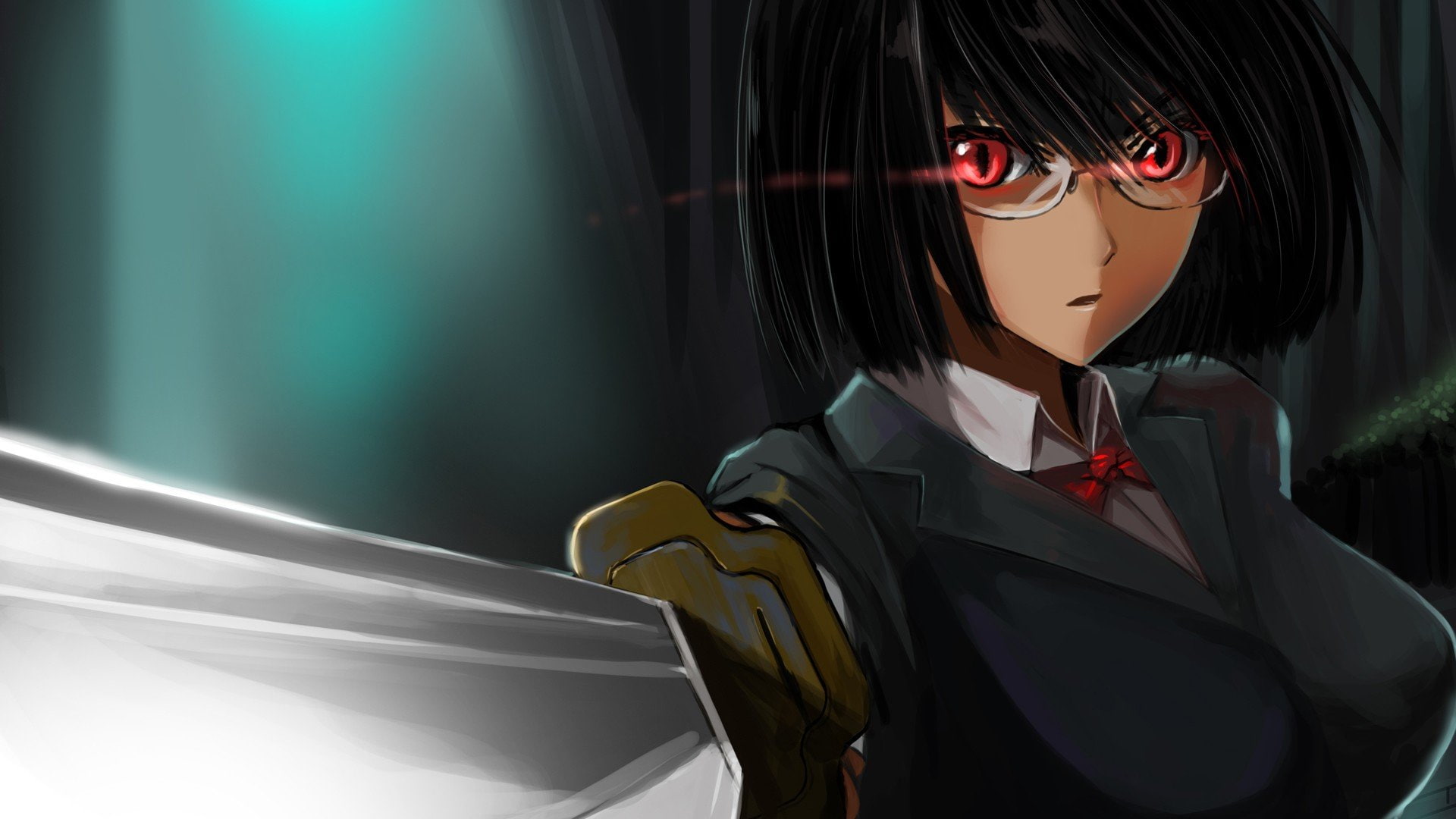 Black Hair, Sonohara Anri, 1080P, Red Eyes, Meganekko, Glasses, School Uniform, sword, anime, Durarara!!, HD Wallpaper