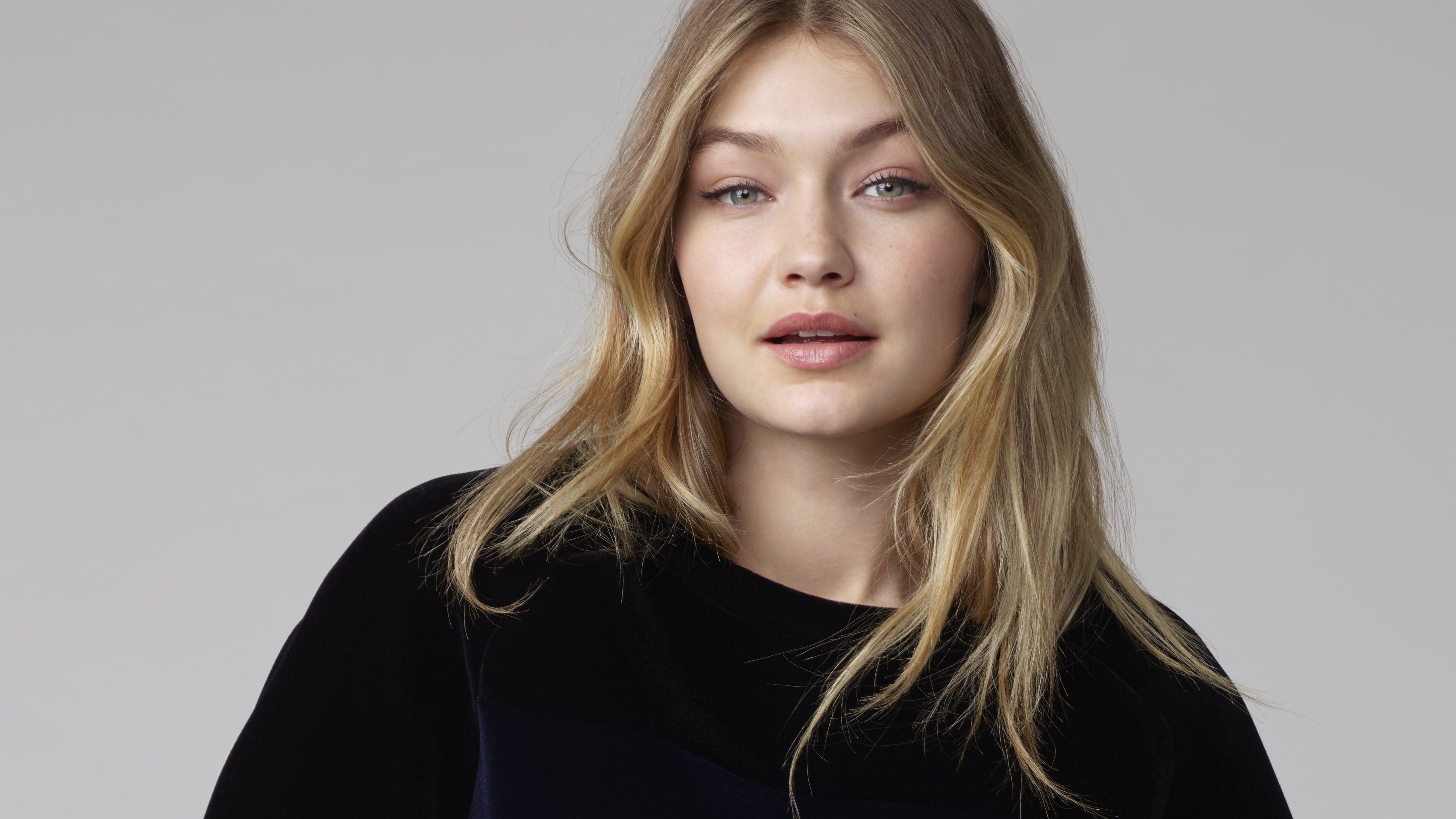 shirt, neck, black, 4K, crew, 5K, s, Tommy Hilfiger, Portrait, women, Gigi Hadid, HD Wallpaper