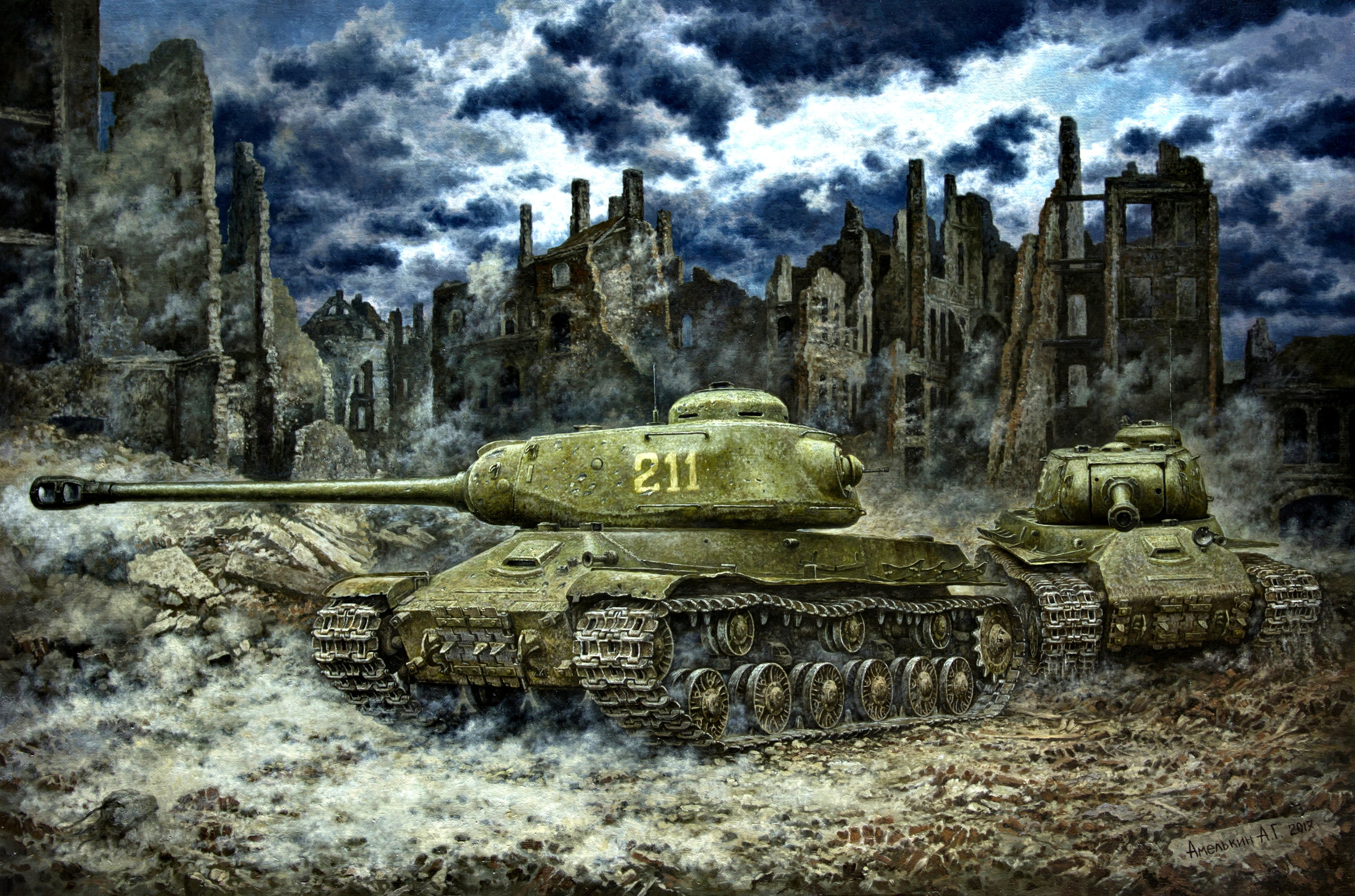 The great Patriotic war, USSR, The red army, figure, tank, The is-2, Heavy, 4K, the ruins of the city, HD Wallpaper