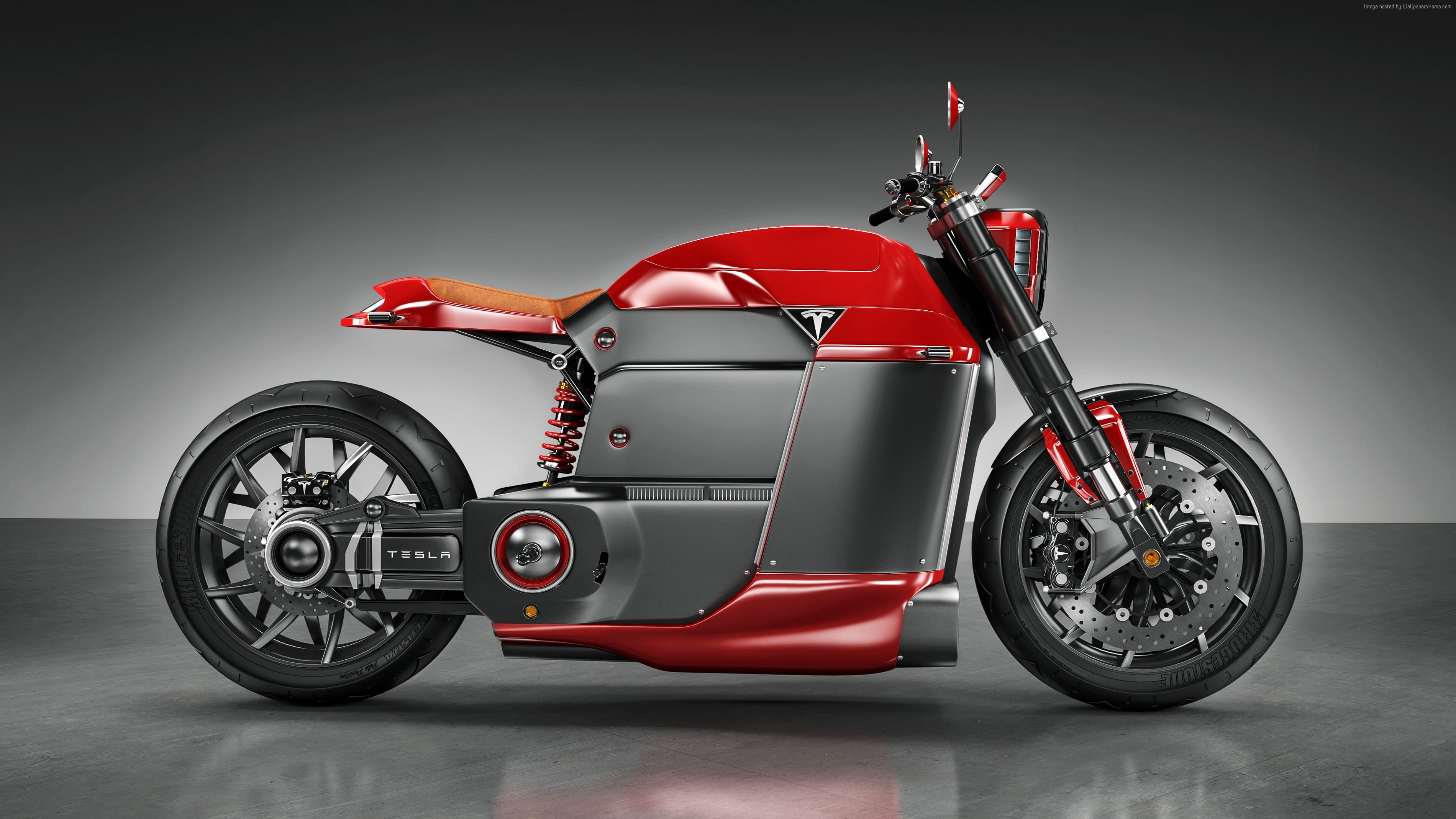 2K, Tesla Model M, motorcycles of future, motorcycle, red, electric, HD Wallpaper