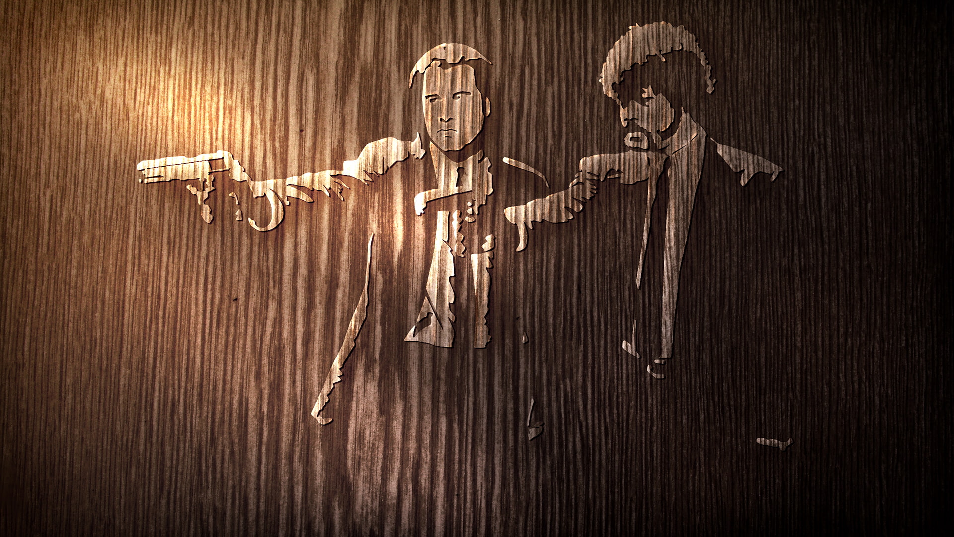 humor, creativity, destruction, tree, Samuel Jackson, fiction, wood grain, 1080P, gun, backgrounds, fun, toy, damaged, indoors, illustration, aggression, HD Wallpaper