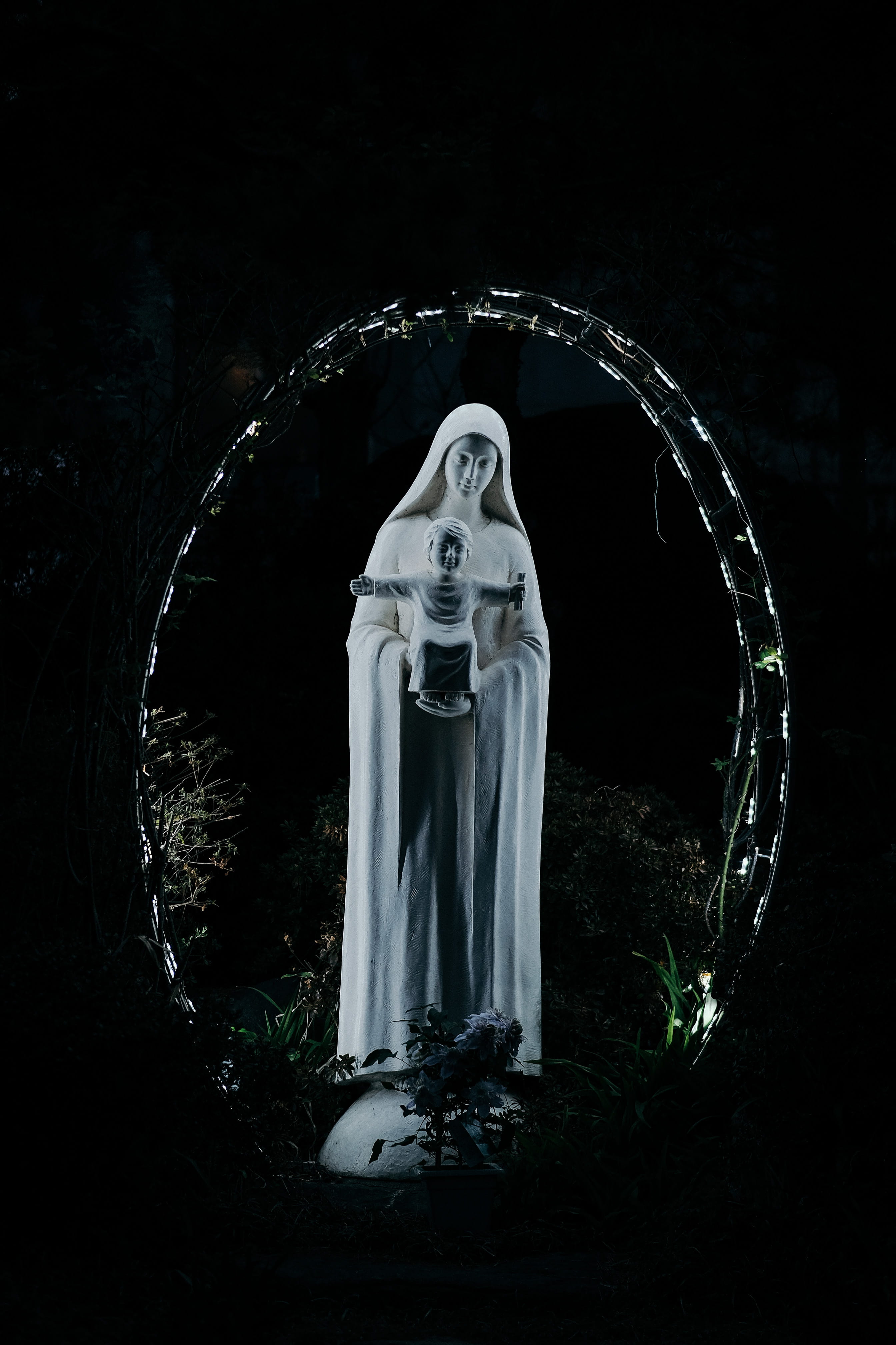 mother mary, spirituality, art and craft, belief, night, dark, our lady, catholic, mary, architecture, religion, amusement park, female likeness, Phone HD Wallpaper