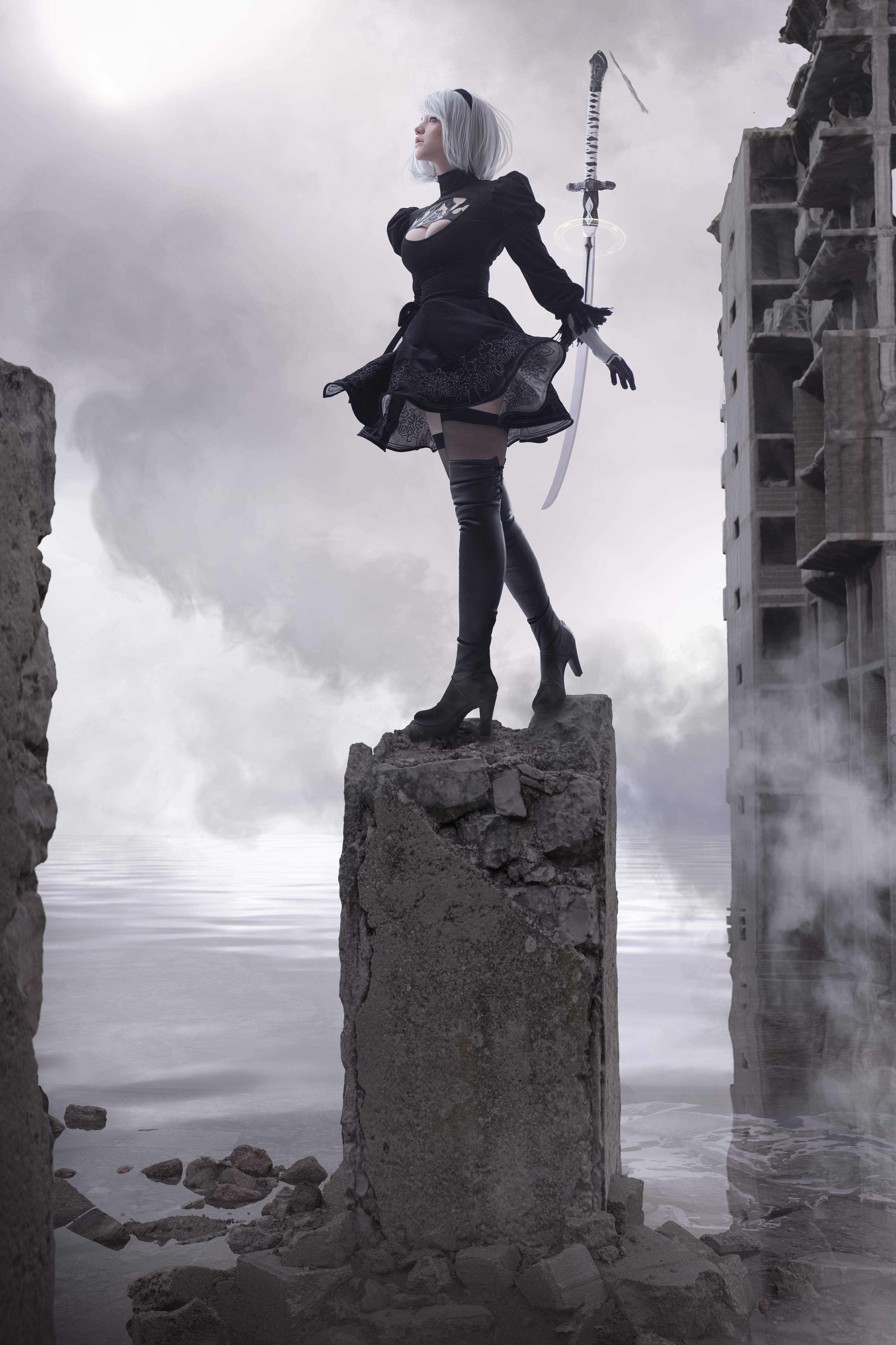 women, Nier: Automata, sword, video game characters, 2B, weapon, model, short hair, white hair, 5K, thigh-highs, Lada Lyumos, cosplay, video games, 2B, Phone HD Wallpaper