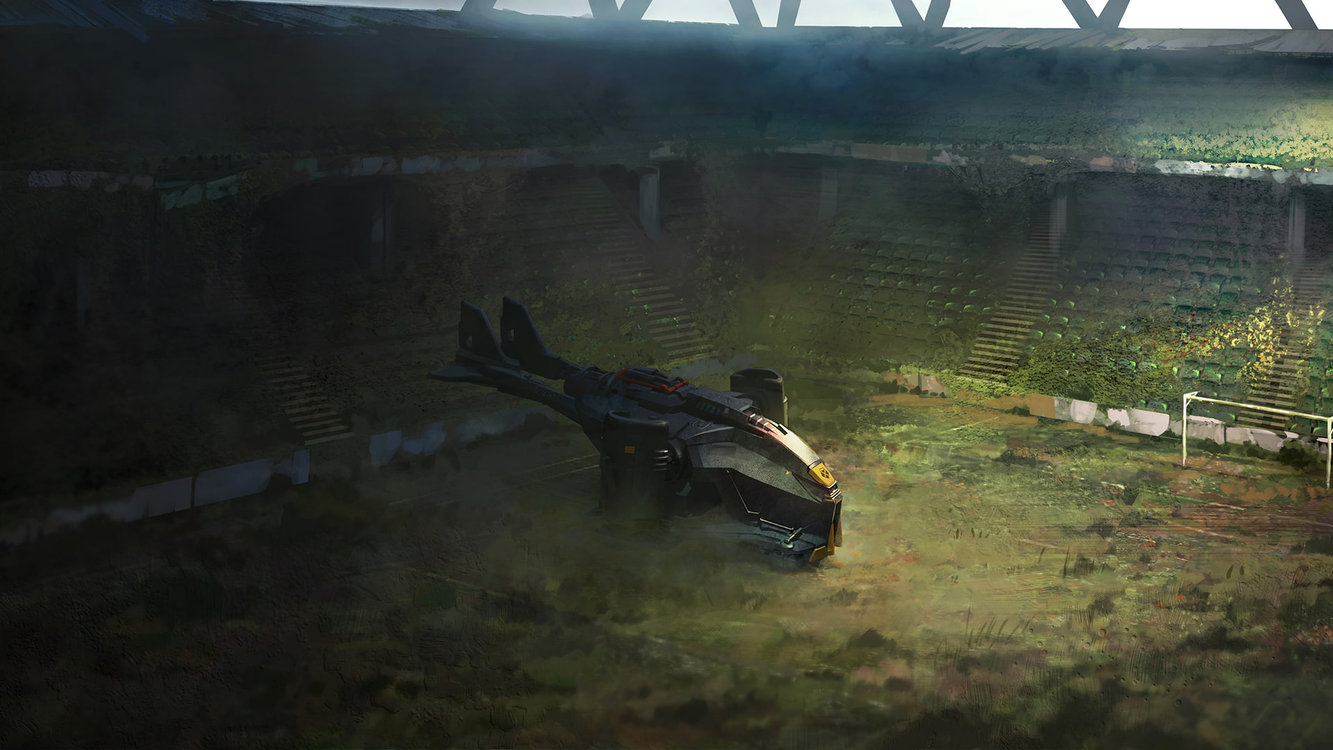 mode of transportation, transportation, architecture, military, nature, full length, concept art, building exterior, built structure, 1080P, grass, weapon, HD Wallpaper