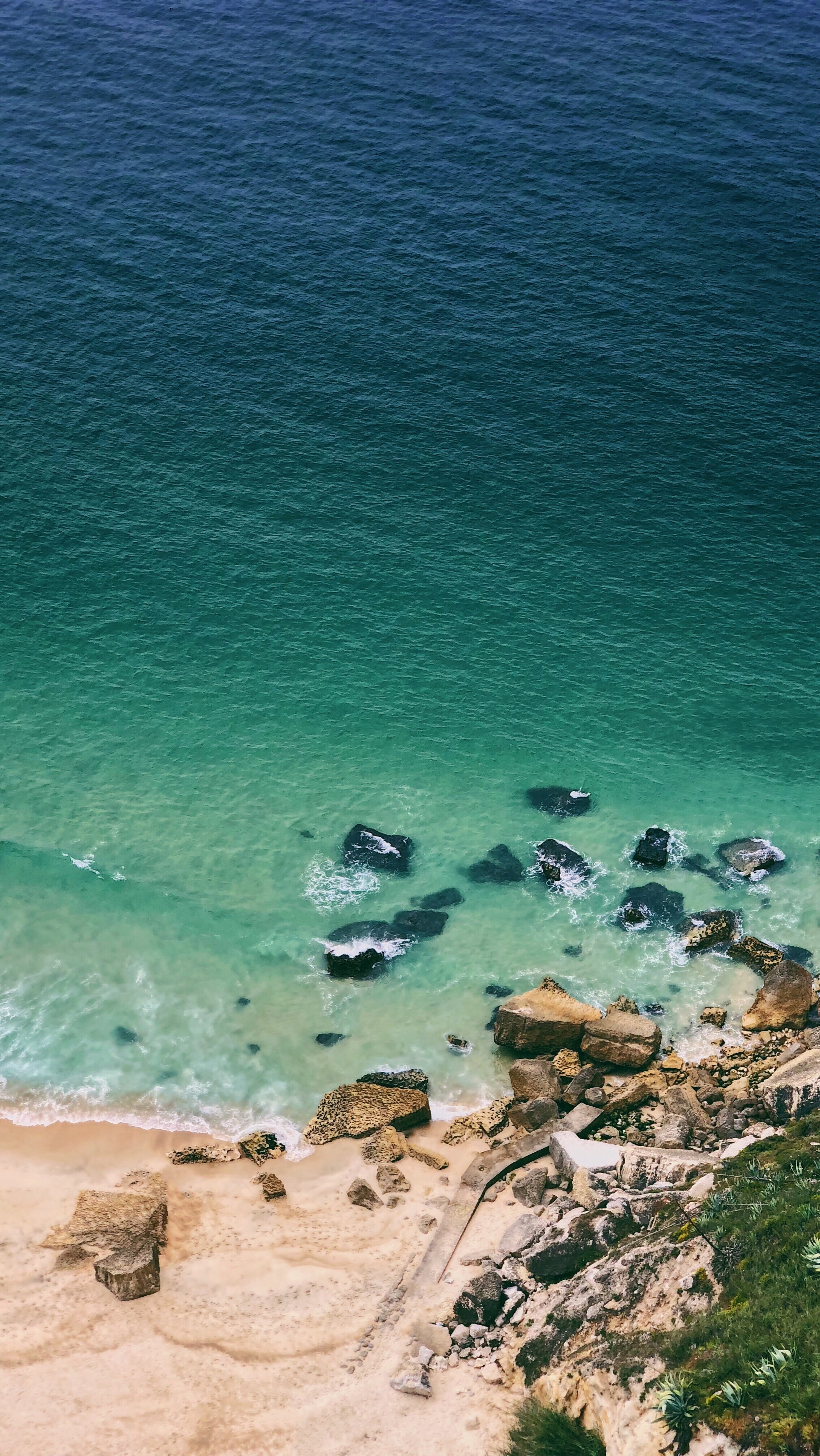 tranquil scene, untitled, outdoors, rockcoast, water, ocean, shoreline, portugal, wafe, sand, nature, scenics - nature, no people, aerial, idyllic, Phone HD Wallpaper