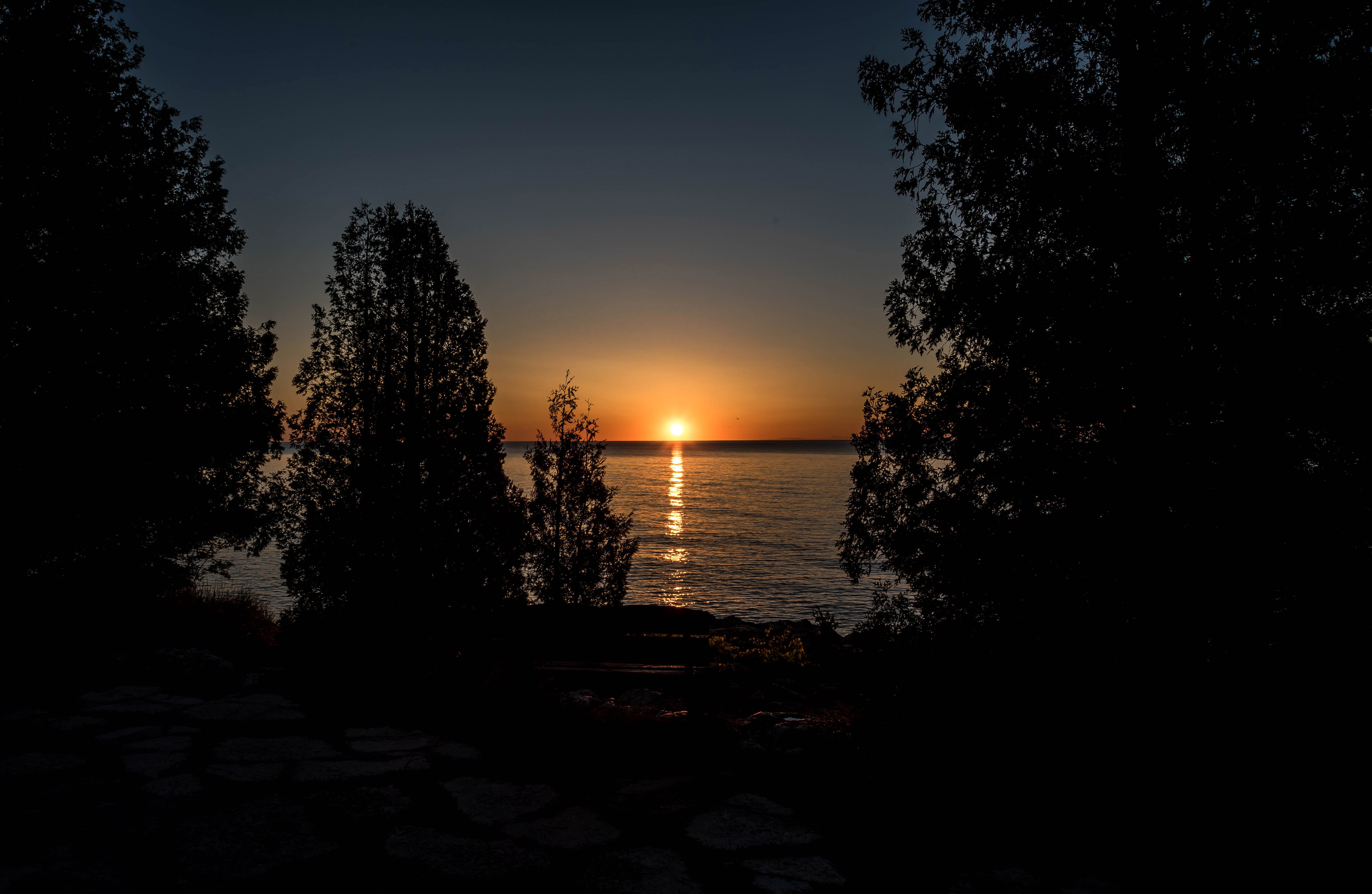 water, away, great lakes, wisconsin, tree, scenics - nature, From Far Away, dusk, no people, trees, sea, beauty in nature, United States, sky, scenics, HD Wallpaper