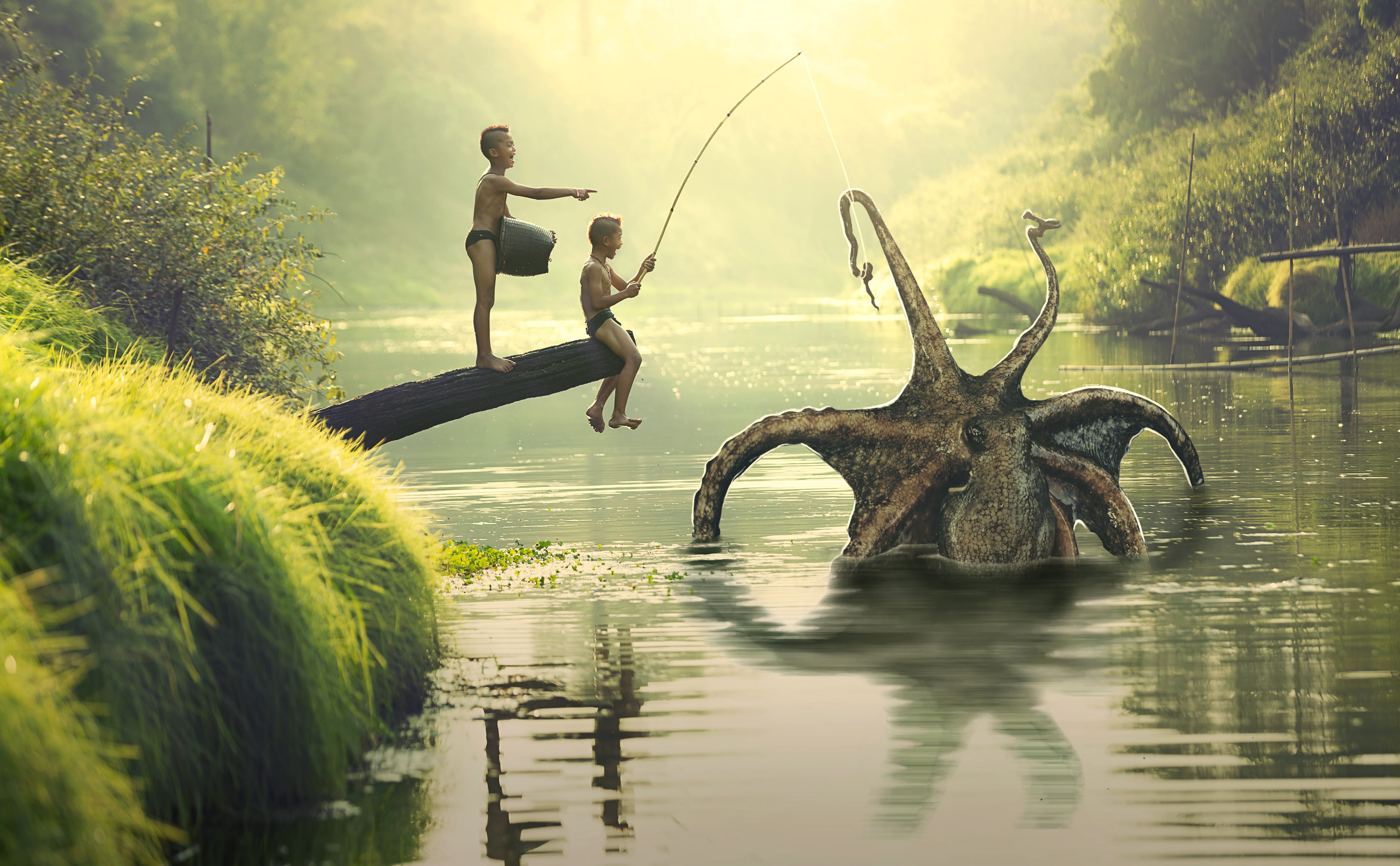 baits, plant, outdoors, two people, fishing, sea monsters, children, lake, risk, summer, octopus, sky, lifestyles, surprise, nature, 5K, miracle, river, HD Wallpaper