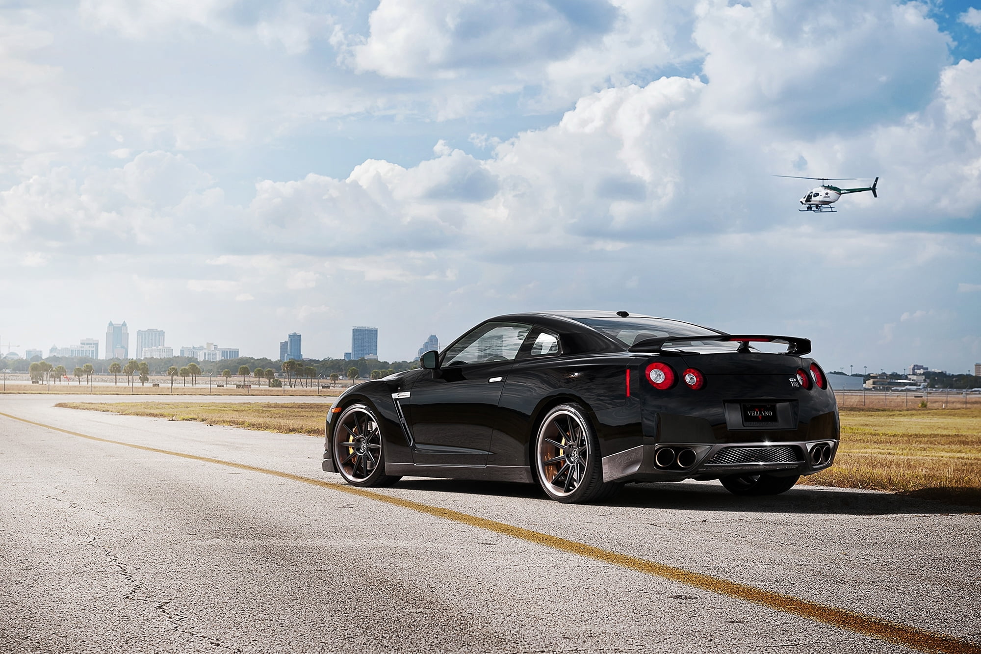 transportation, city, 1080P, architecture, coupe, day, Nissan, r35, street, sky, the sky, air vehicle, nature, motor vehicle, rear view, black, flying, HD Wallpaper