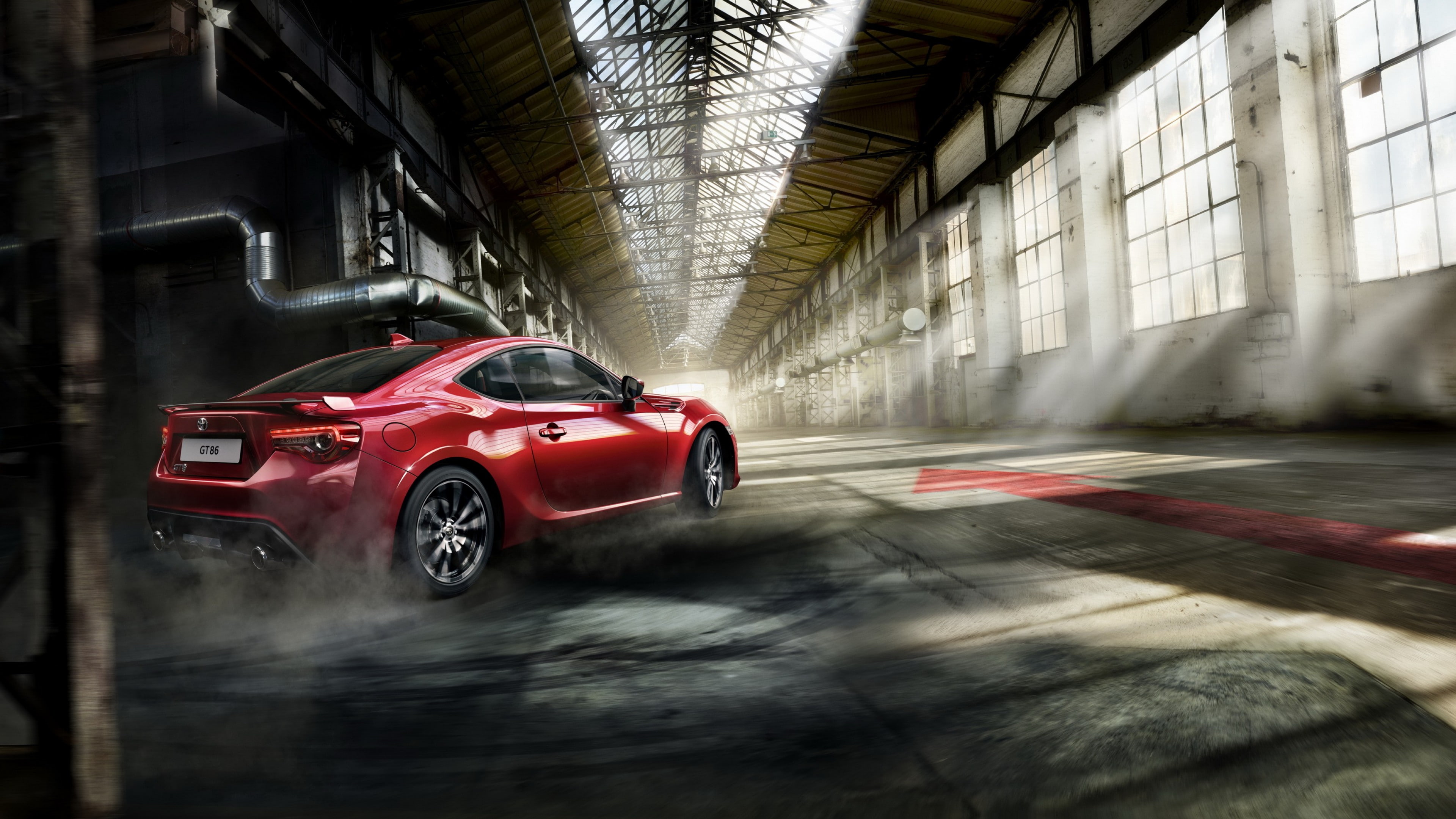 warehouse, Toyota GT 86, sport cars, daytime, inside, running, coupe, red, 4K, HD Wallpaper