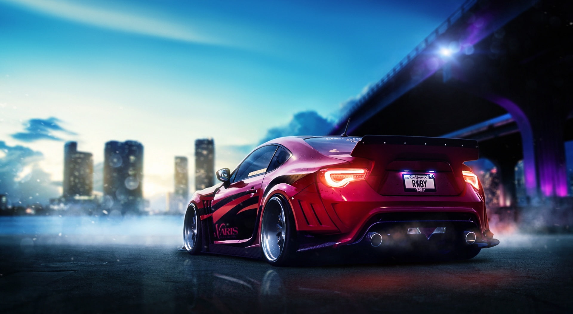 transportation, street, sky, coupe, car, wet, gt, night, Cars, 1080P, headlight, red, focus on foreground, Urban, mode of transportation, security, motor vehicle, HD Wallpaper