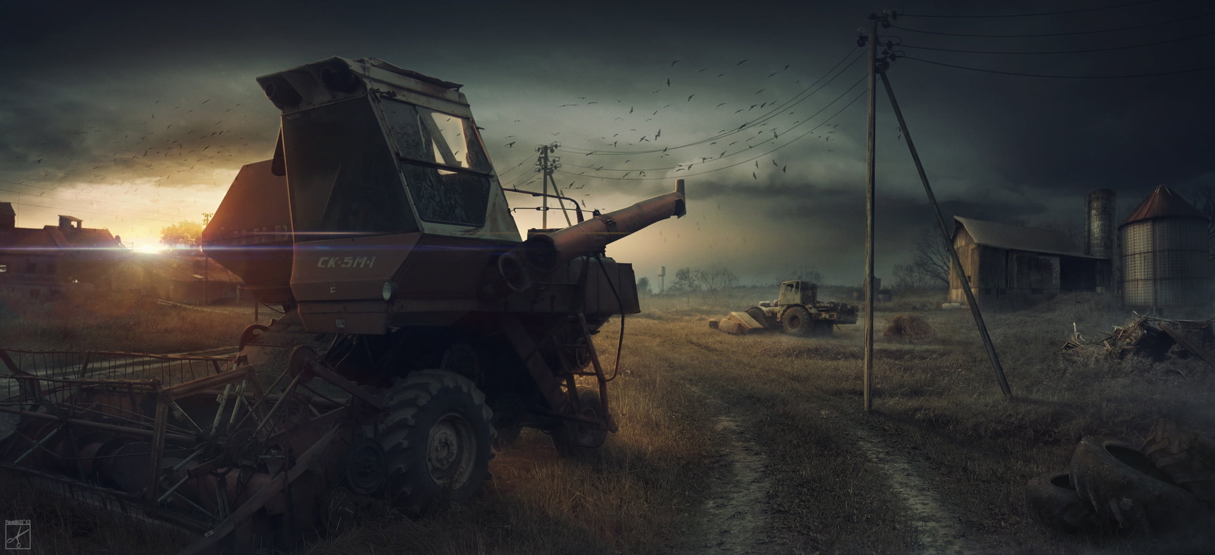 sunset, sky, field, dusk, industry, architecture, mode of transportation, tank, cloud - sky, video games, no people, built structure, 1080P, land vehicle, HD Wallpaper