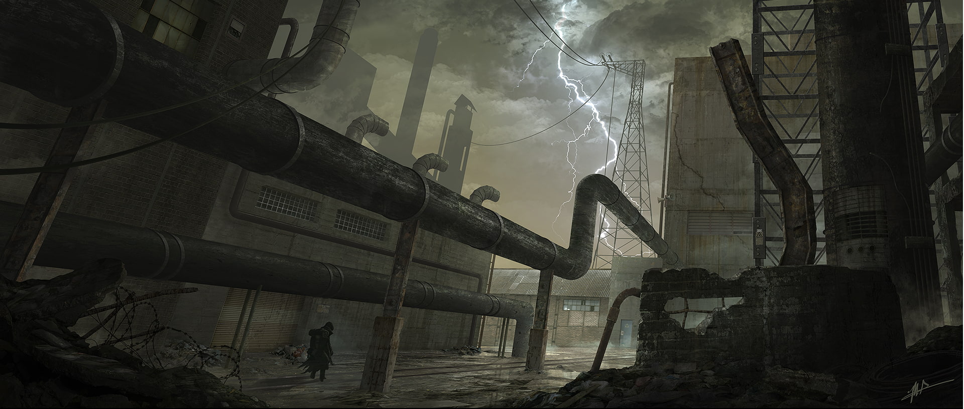 communication, outdoors, nova zona, lightning, S.T.A.L.K.E.R., concept art, night, digital composite, nature, building exterior, building, men, built structure, HD Wallpaper