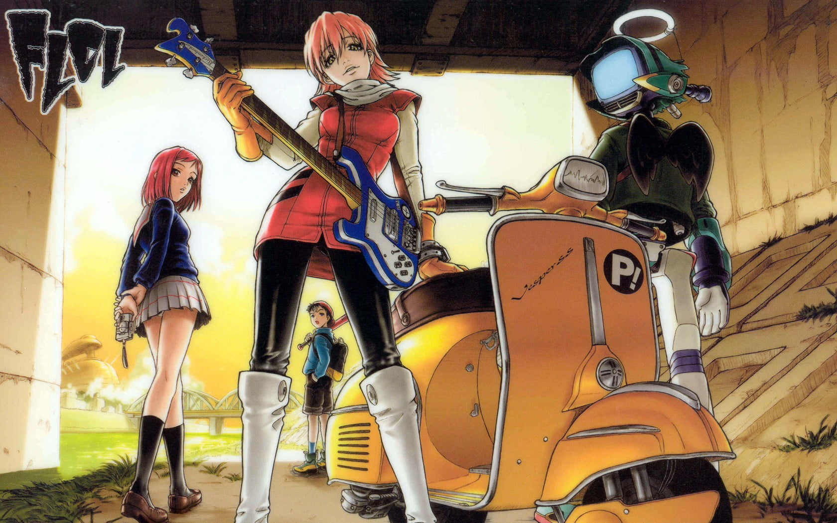 red, architecture, arts culture and entertainment, men, city, sitting, Haruhara Haruko, anime, 720P, musician, motorcycle, transportation, outdoors, FLCL, HD Wallpaper