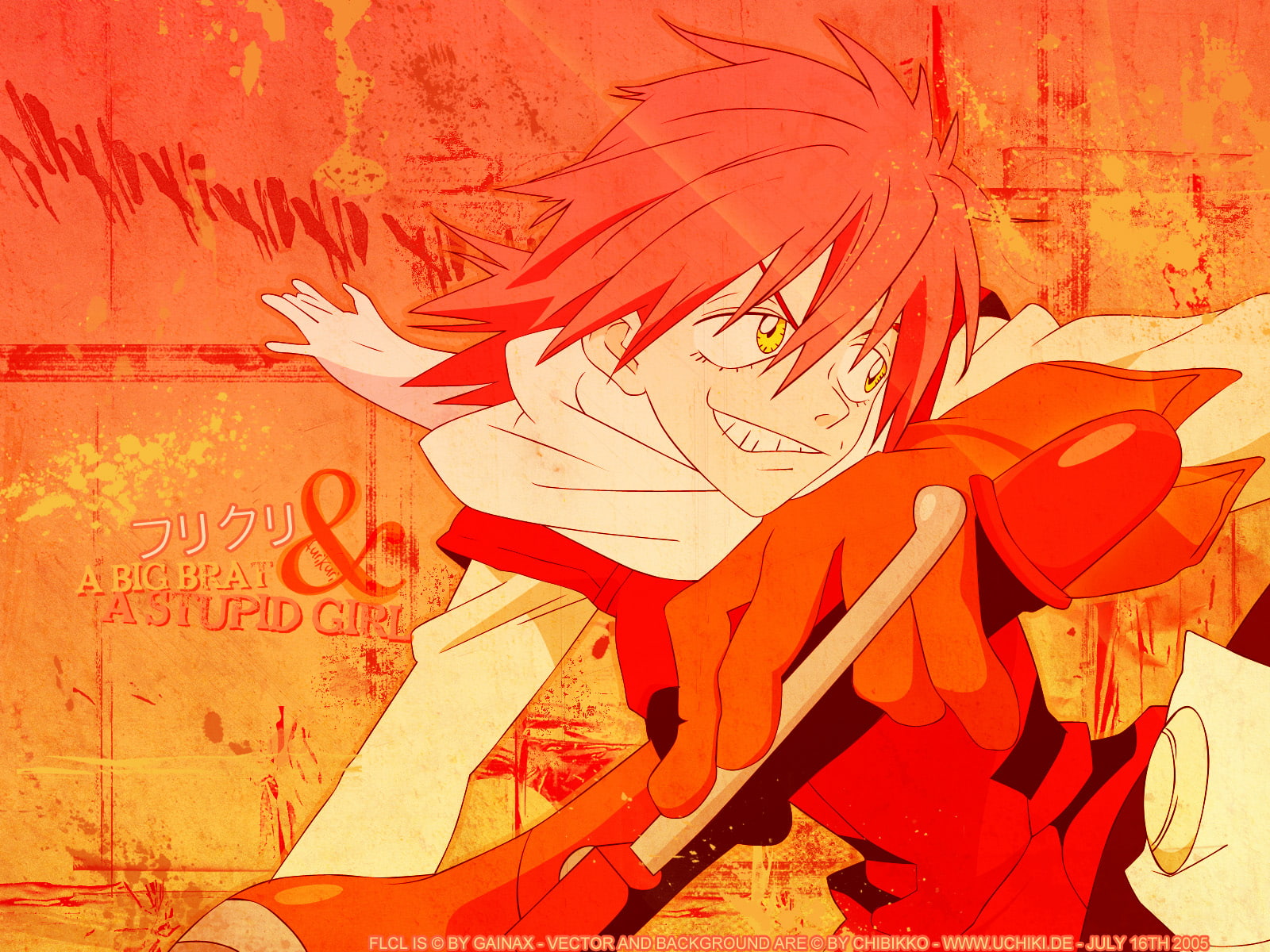 haruko, fooly, gloves, short, eyes, scarfs, hair, anime, haruhara, yellow, bangs, girls, 720P, grin, cooly, orange, text, vespa, flcl, HD Wallpaper