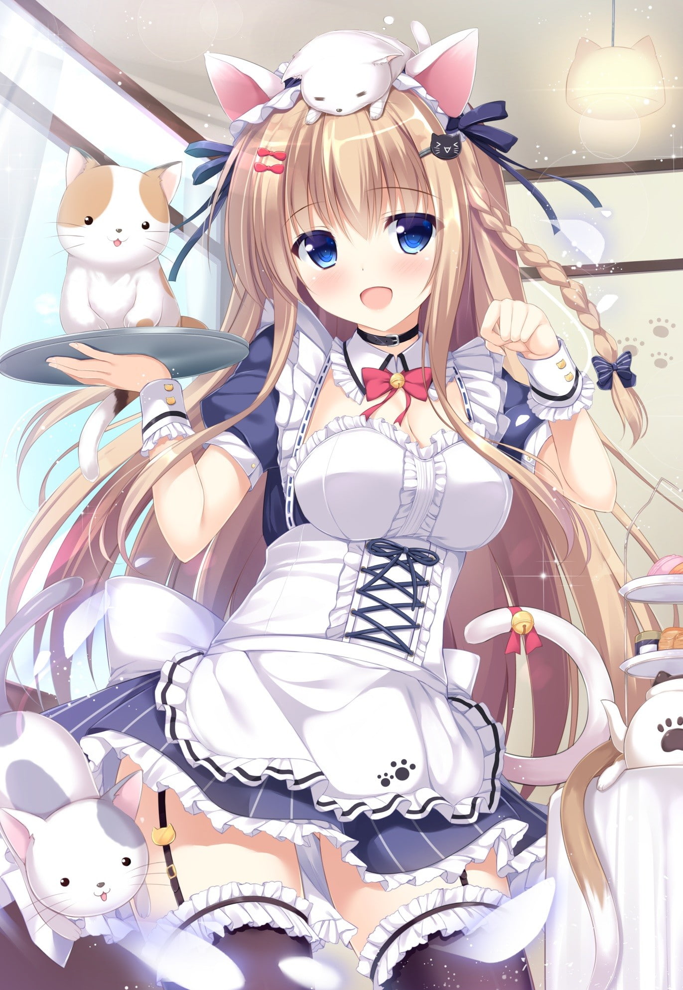 original characters, anime girls, tail, nekomimi, anime, 1080P, maid outfit, cat, cleavage, Phone HD Wallpaper